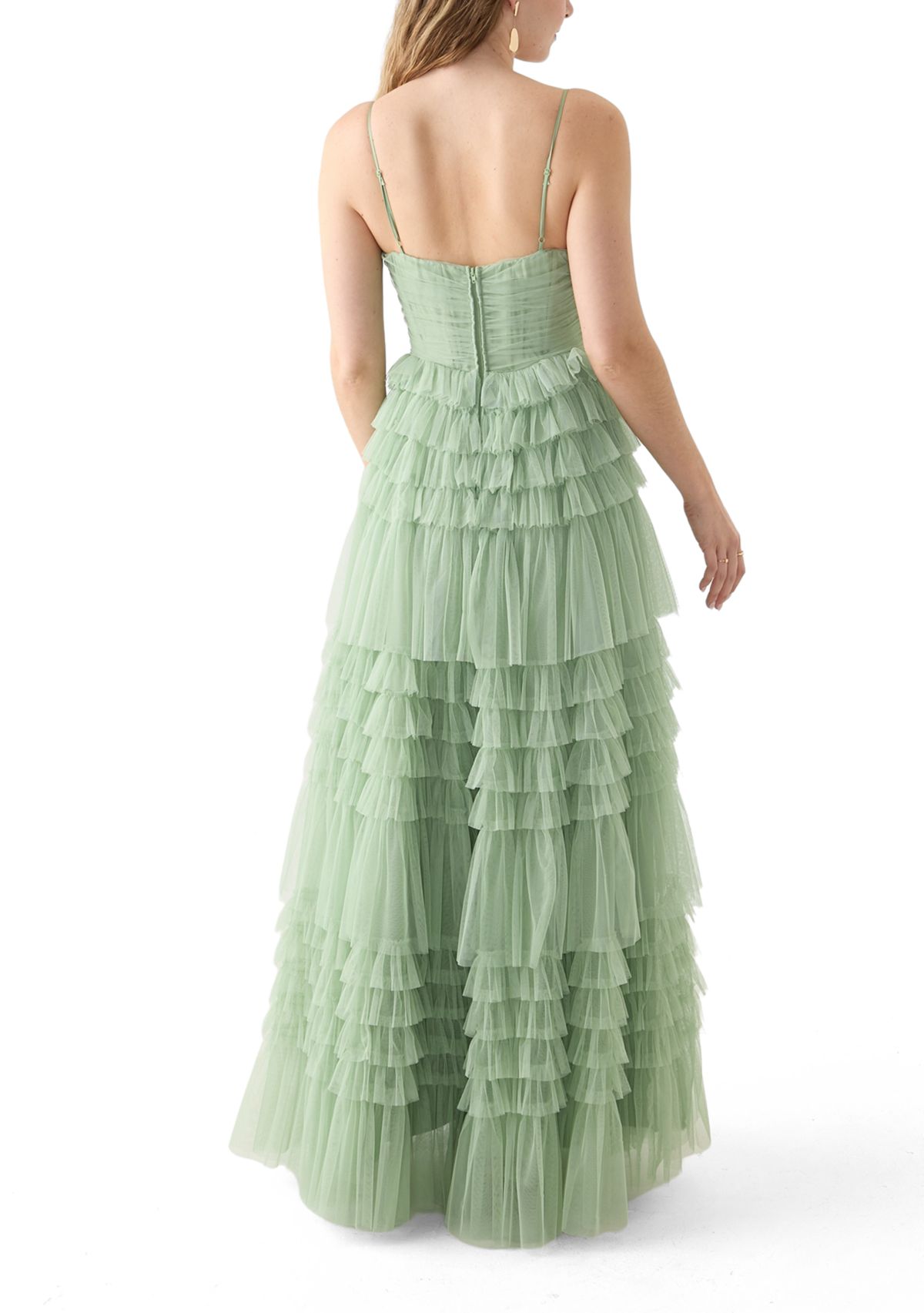 Womens Sleeveless V-Neck Mesh Tier Gown 