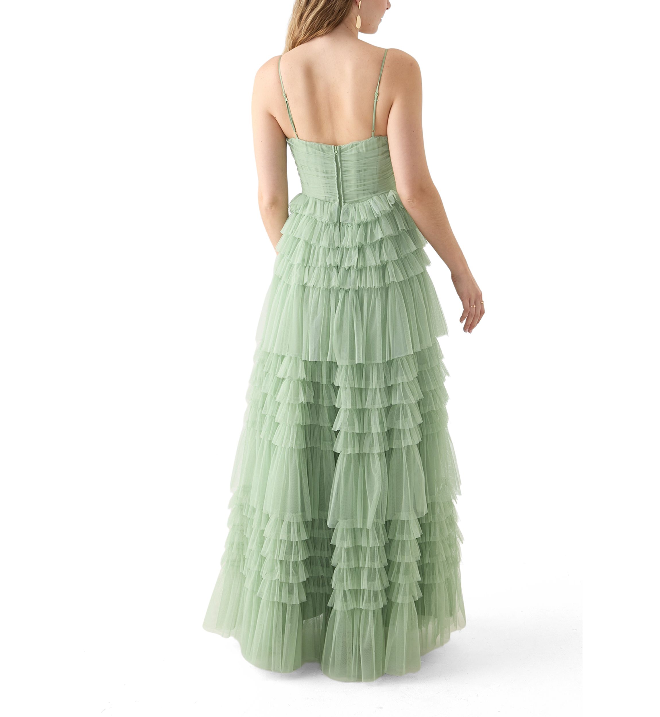 Womens Sleeveless V-Neck Mesh Tier Gown 