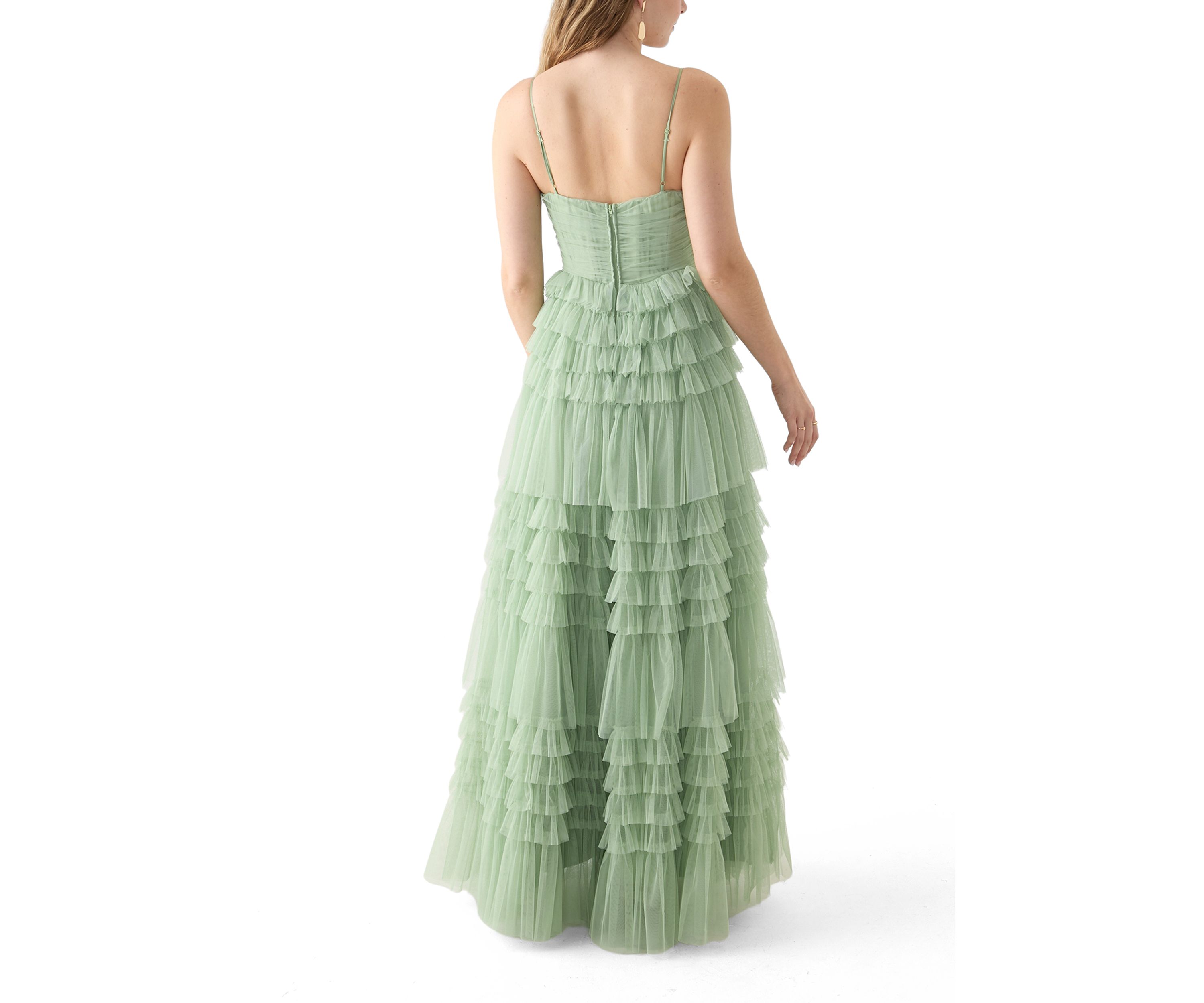 Womens Sleeveless V-Neck Mesh Tier Gown 