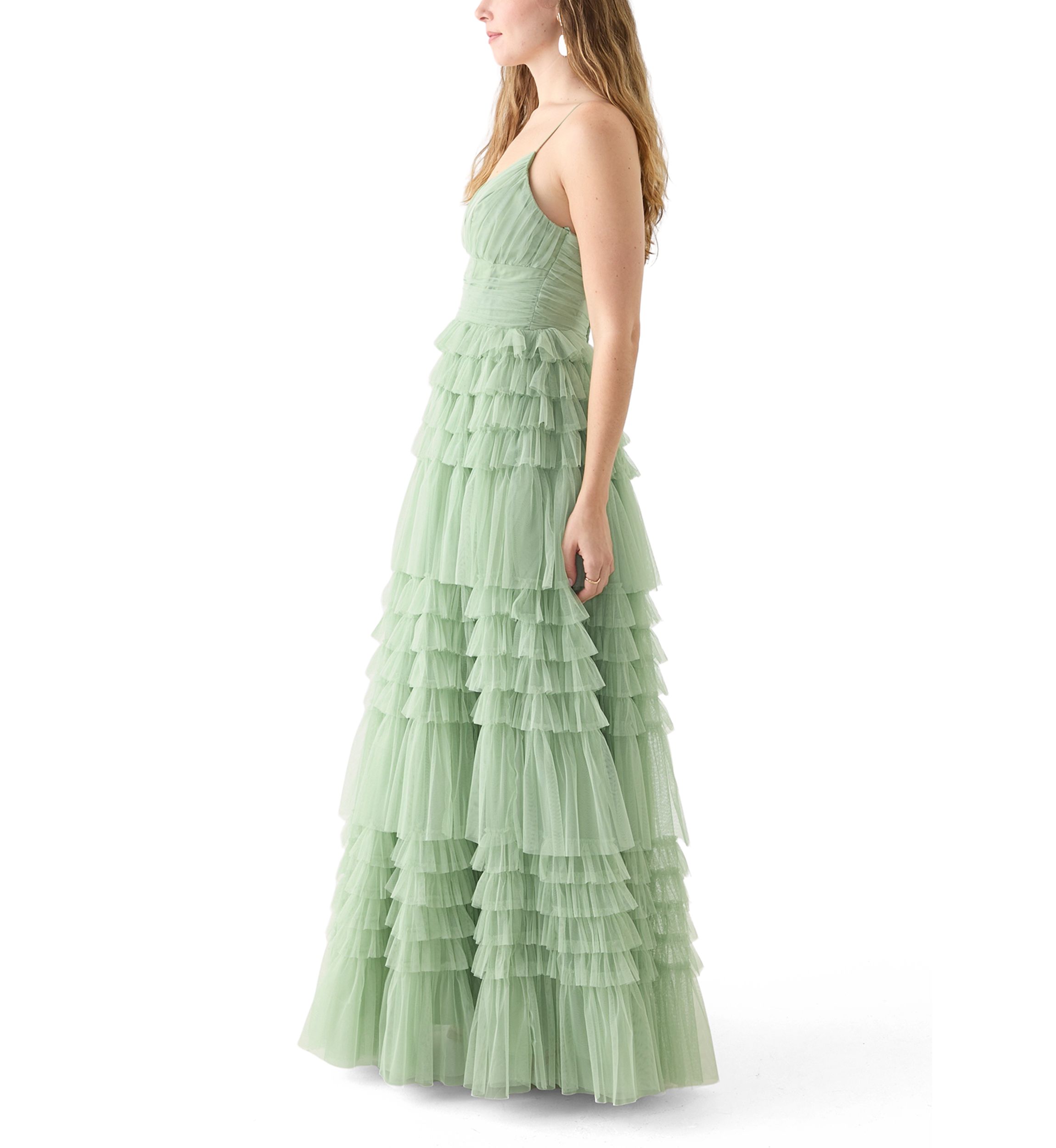 Womens Sleeveless V-Neck Mesh Tier Gown 
