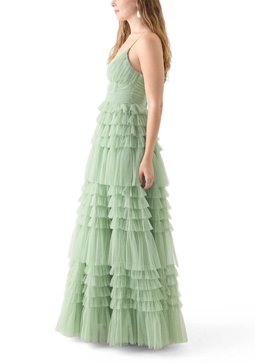 Womens Sleeveless V-Neck Mesh Tier Gown 