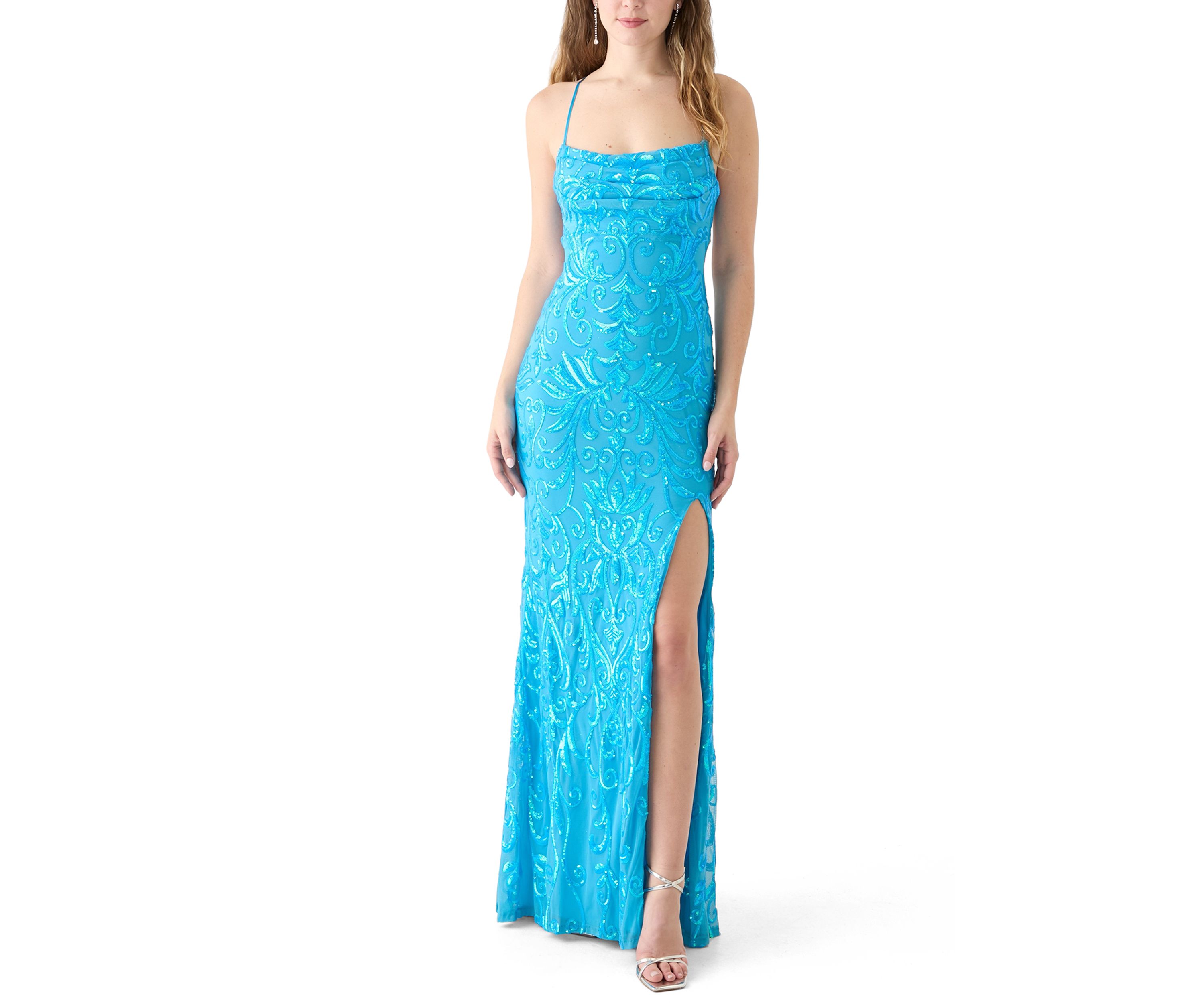 Womens Sleeveless Scoop Neck Sequin Slim Gown