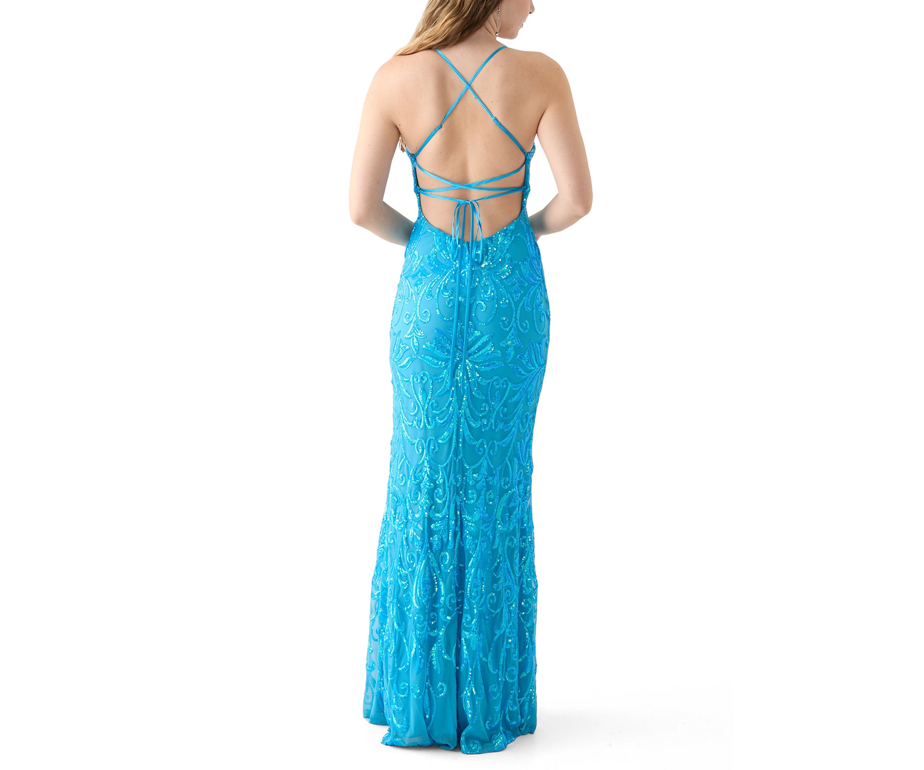 Womens Sleeveless Scoop Neck Sequin Slim Gown