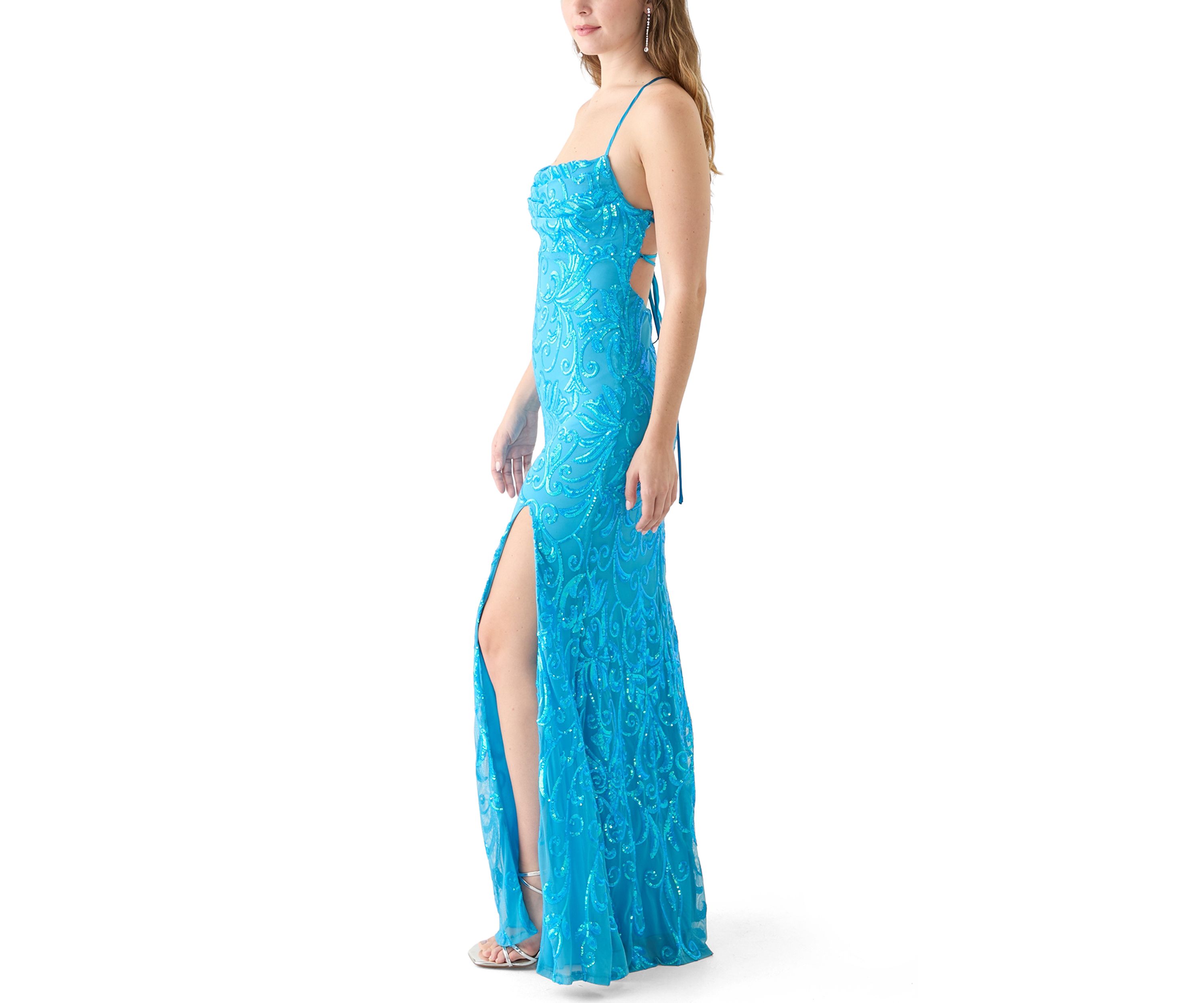 Womens Sleeveless Scoop Neck Sequin Slim Gown
