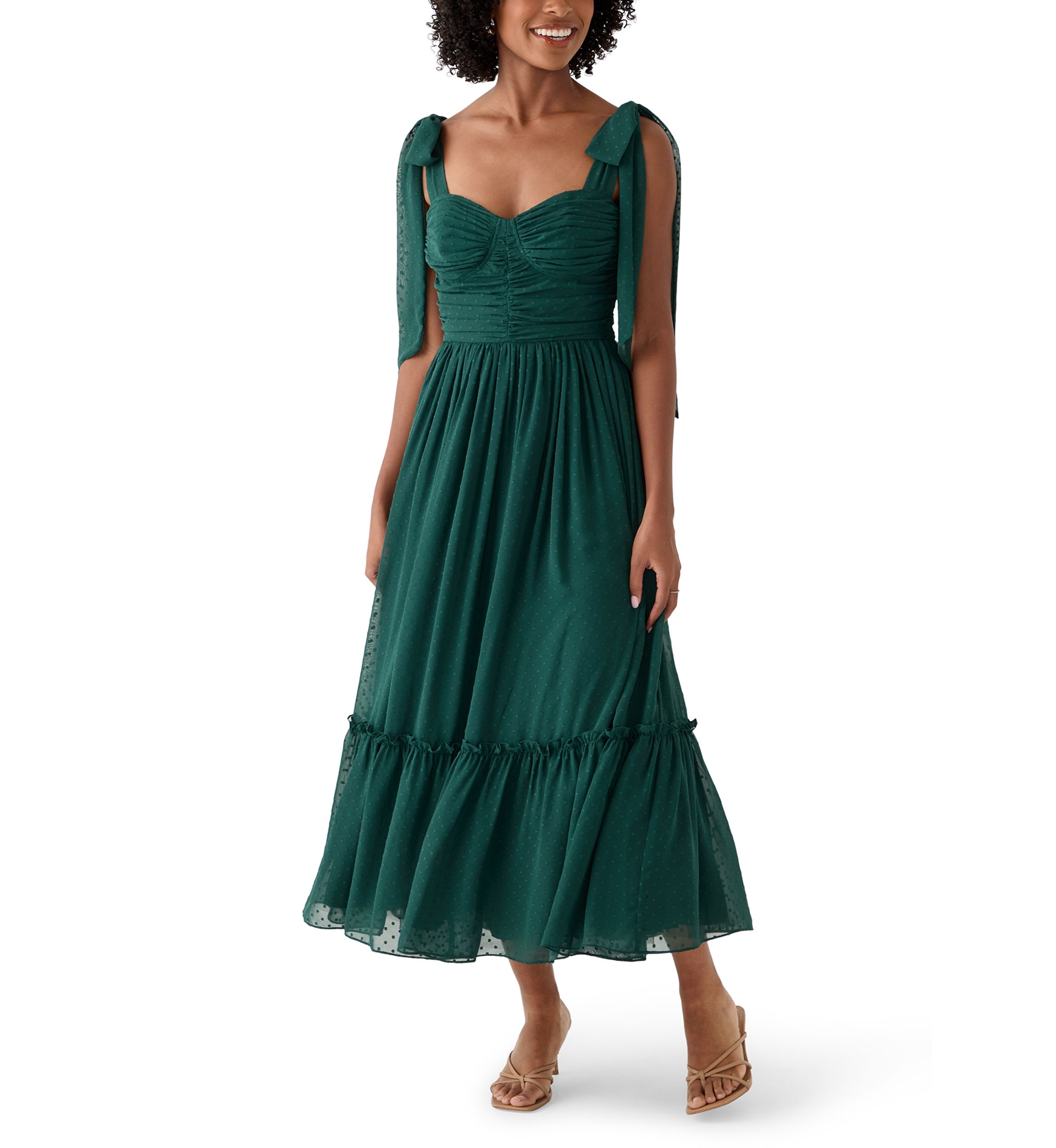 Womens Sleeveless Tie Shoulder Ruffle Tiered Midi Dress