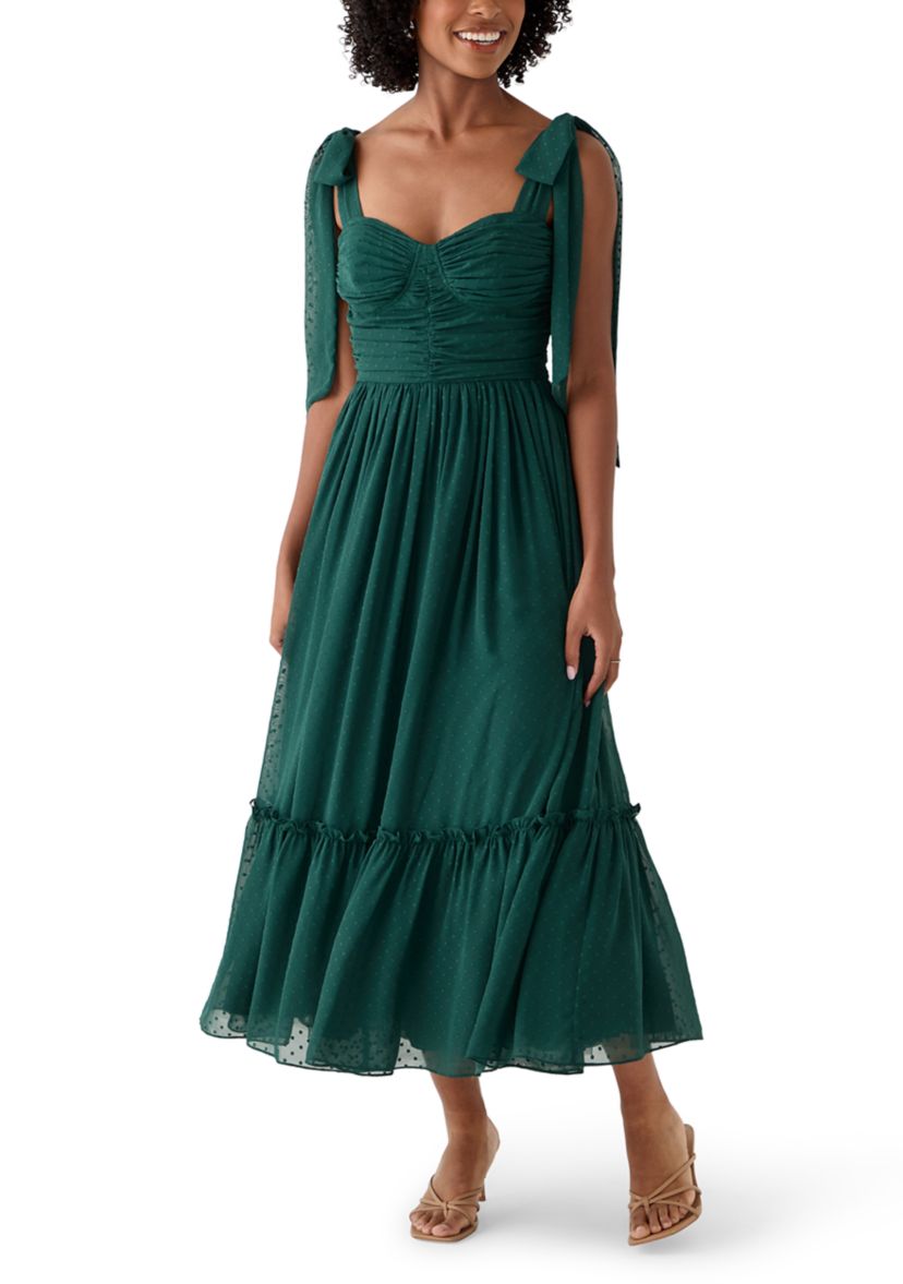 Womens Sleeveless Tie Shoulder Ruffle Tiered Midi Dress