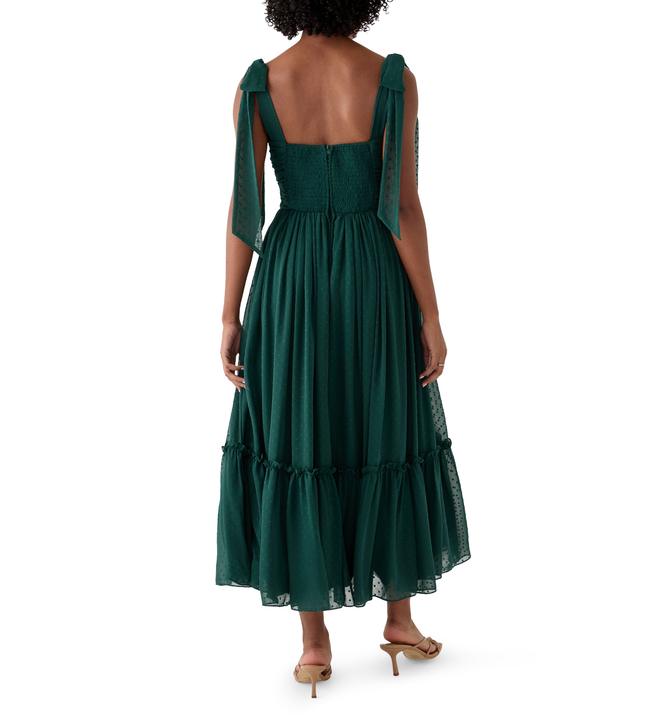 Womens Sleeveless Tie Shoulder Ruffle Tiered Midi Dress