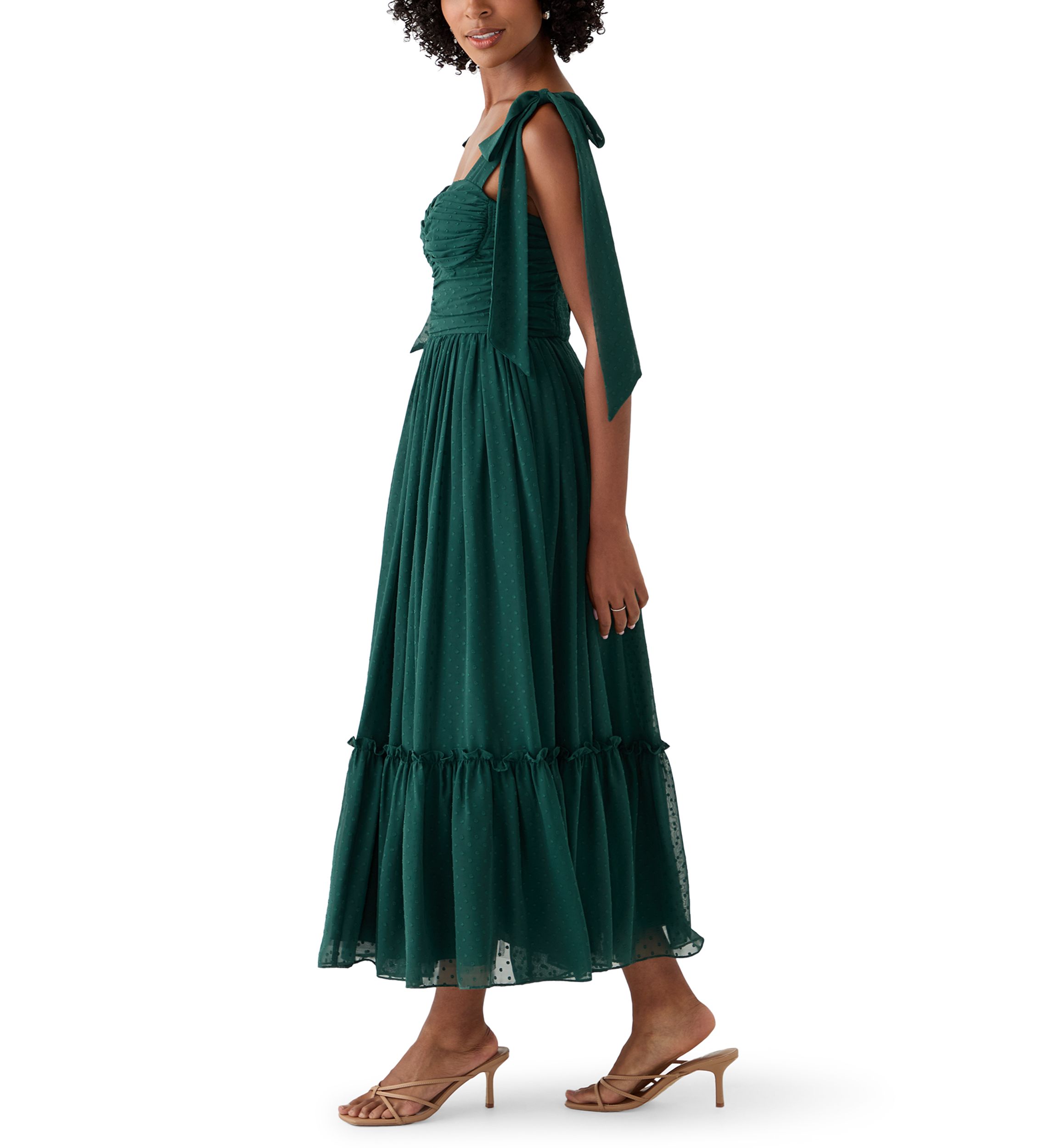 Womens Sleeveless Tie Shoulder Ruffle Tiered Midi Dress
