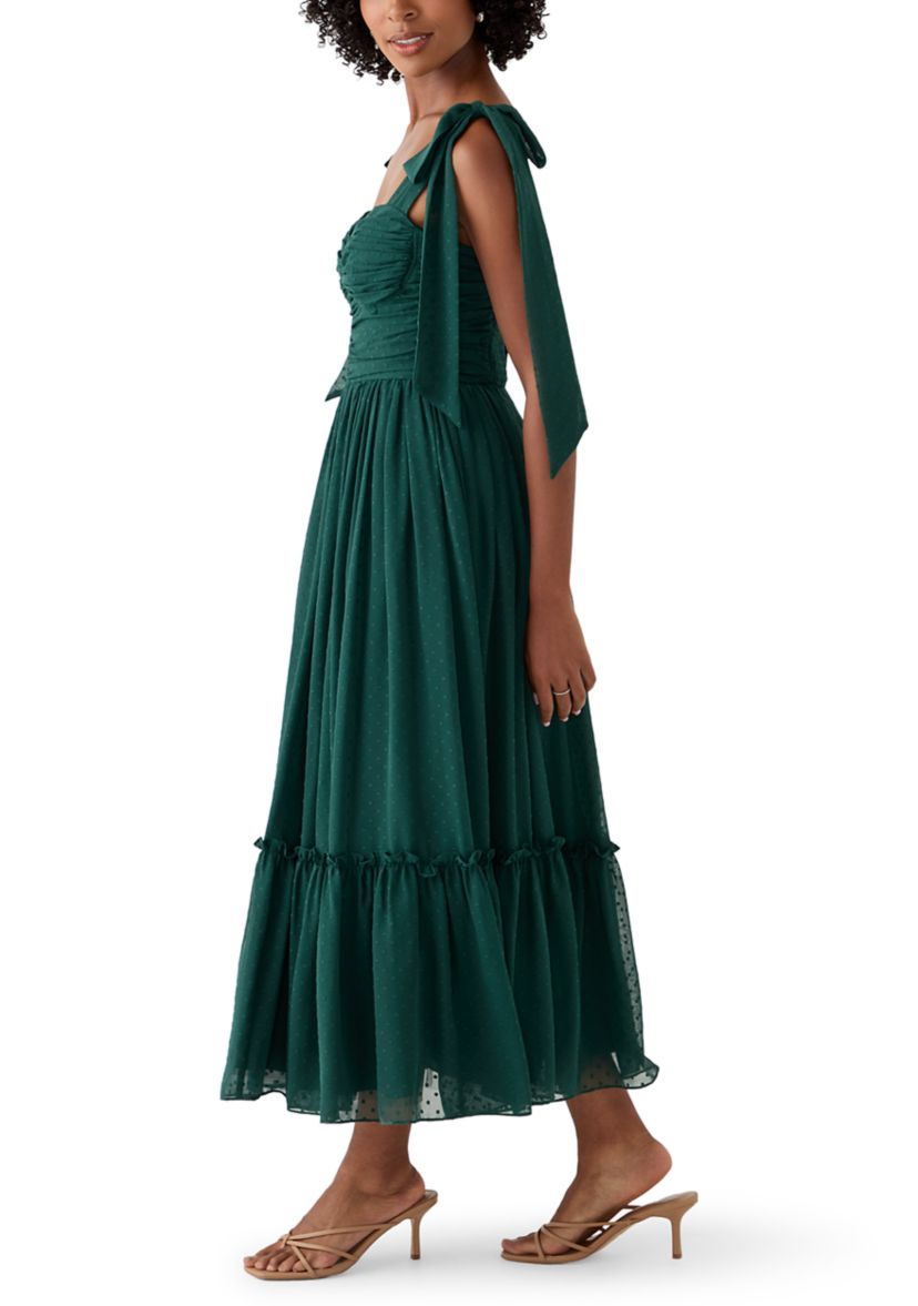 Womens Sleeveless Tie Shoulder Ruffle Tiered Midi Dress
