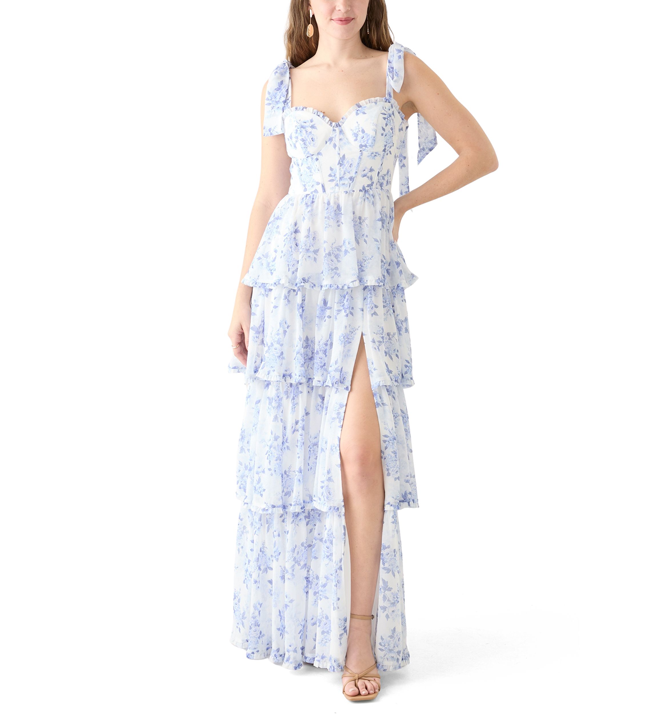 Womens Sleeveless Tie Shoulder Floral Slit Leg Gown 