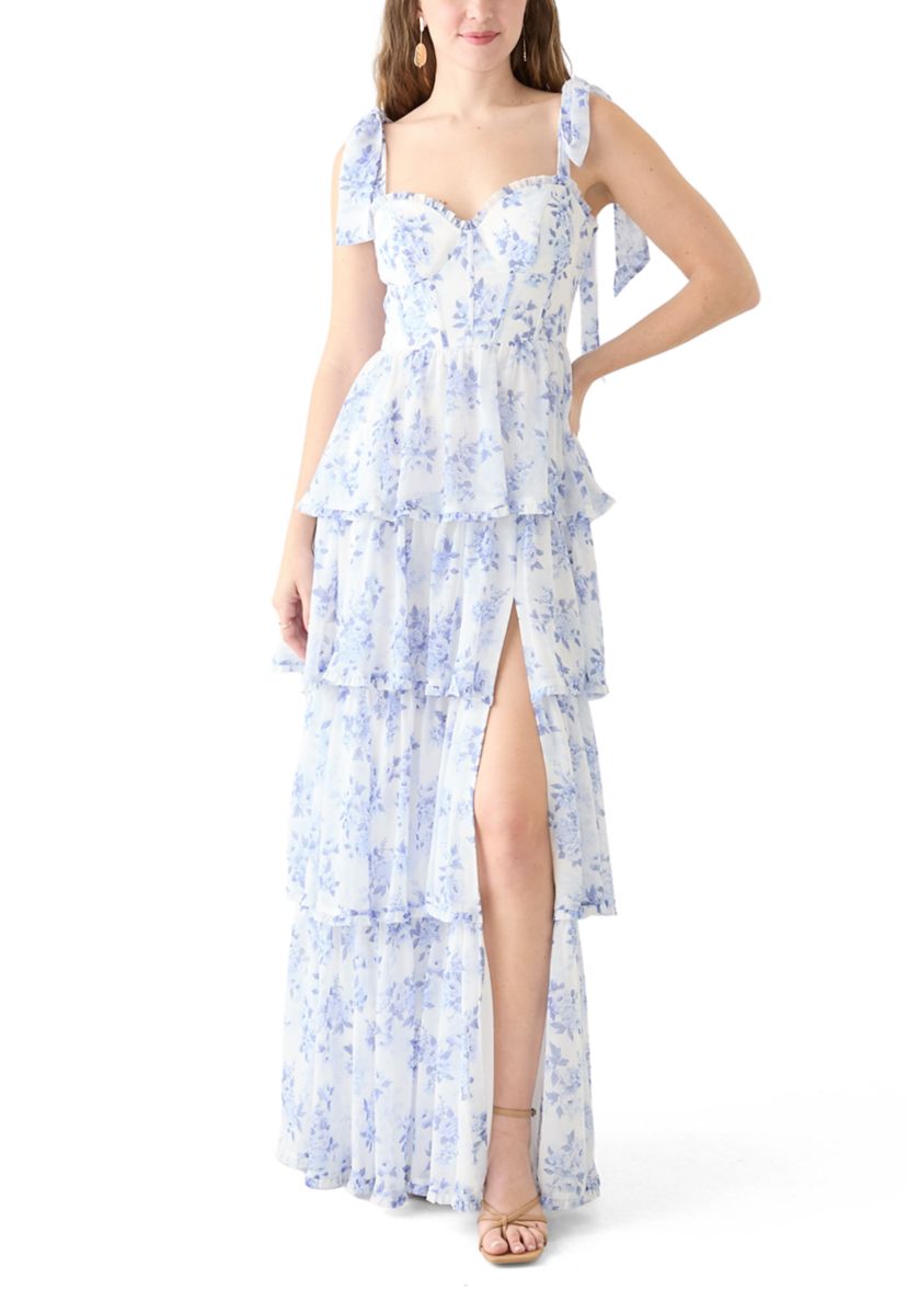 Womens Sleeveless Tie Shoulder Floral Slit Leg Gown 