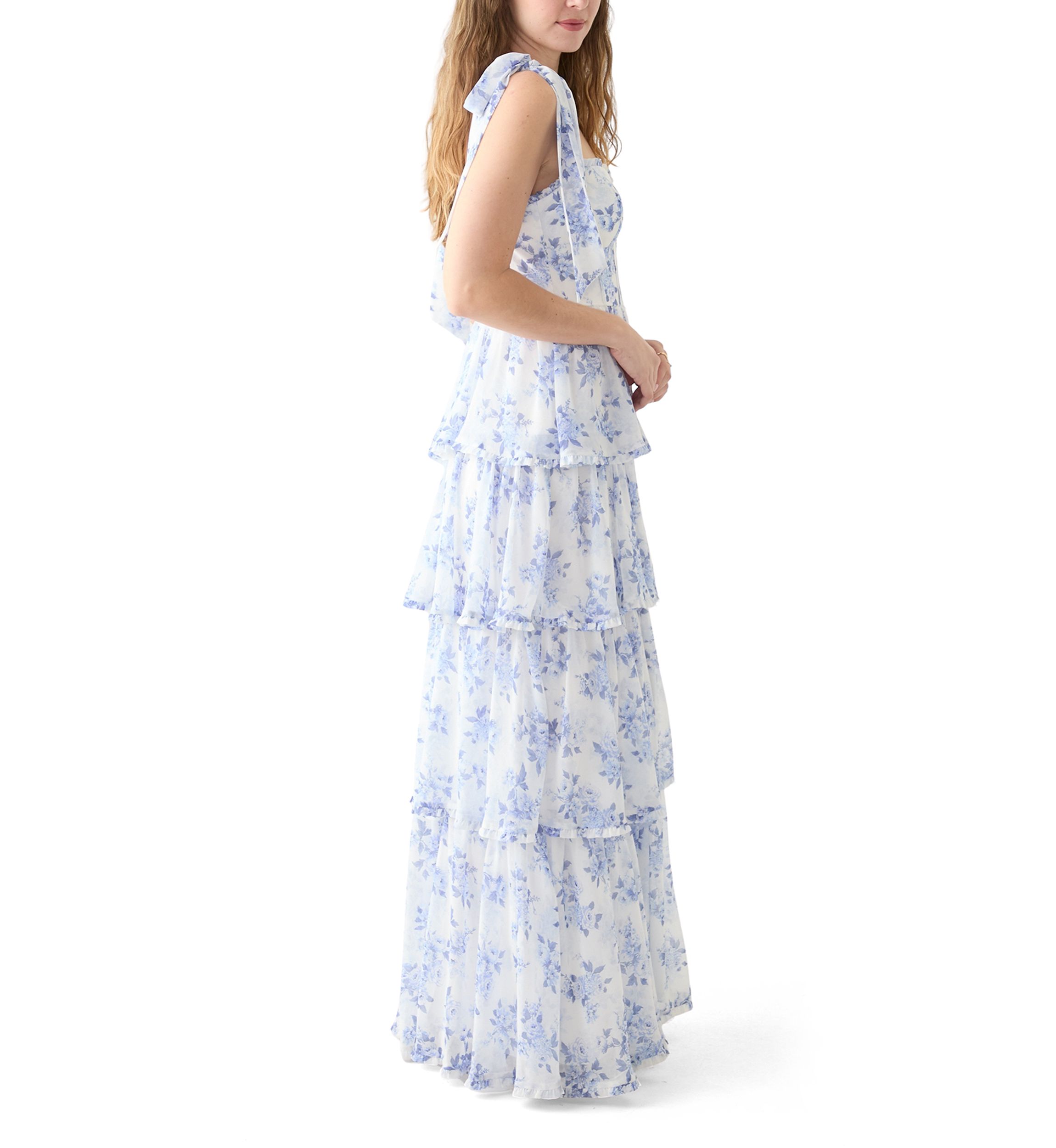 Womens Sleeveless Tie Shoulder Floral Slit Leg Gown 