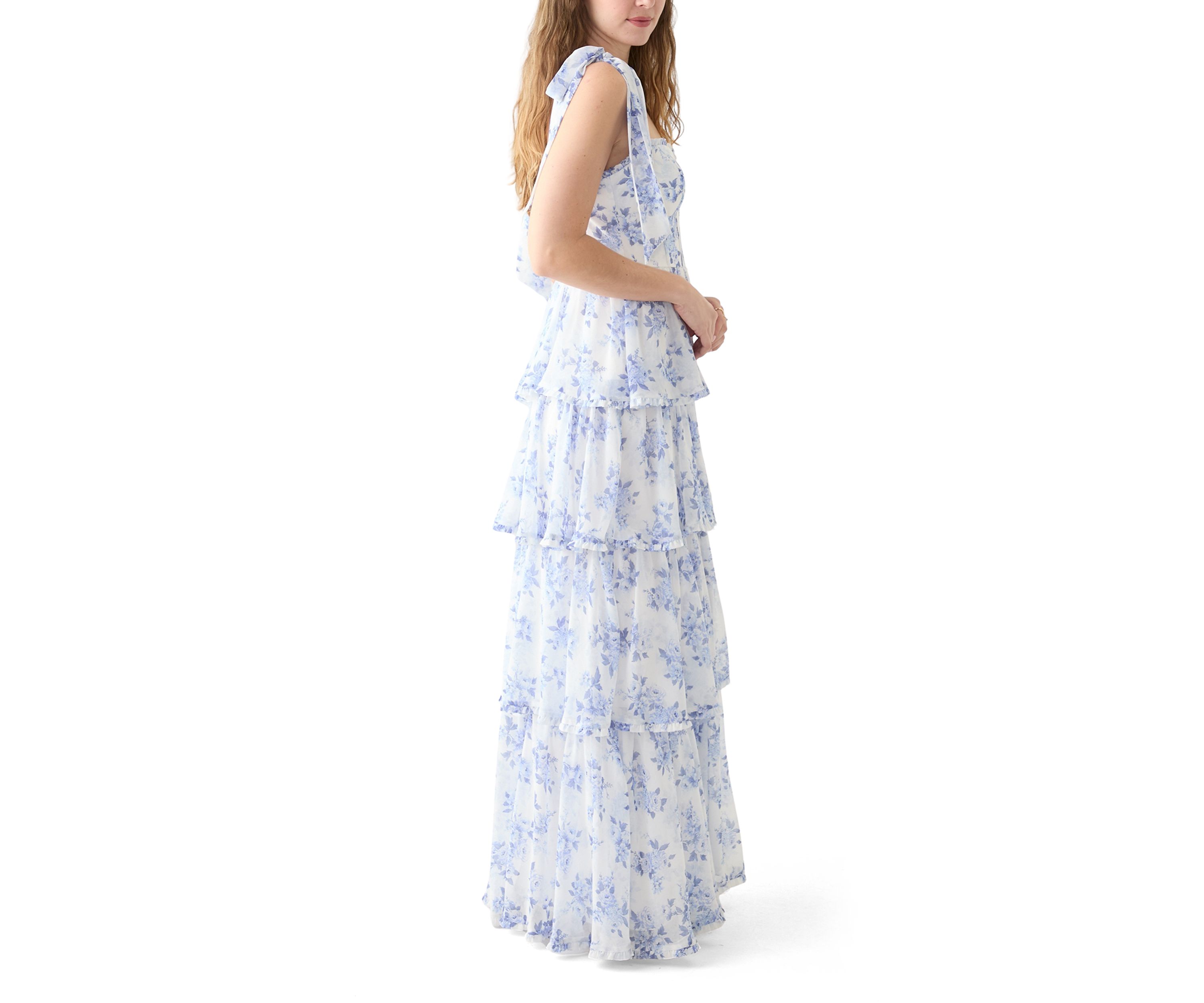Womens Sleeveless Tie Shoulder Floral Slit Leg Gown 