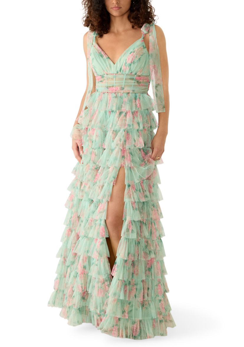 B. Darlin Women's Sleeveless Printed Tiered Ruffle Floral Gown, 12