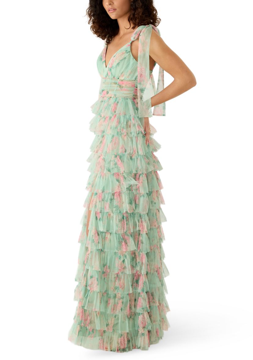 B. Darlin Women's Sleeveless Printed Tiered Ruffle Floral Gown | Belk