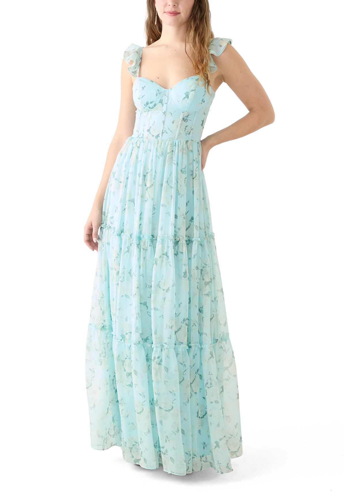 Womens Sleeveless Ruffle Shoulder Chiffon Printed Gown 