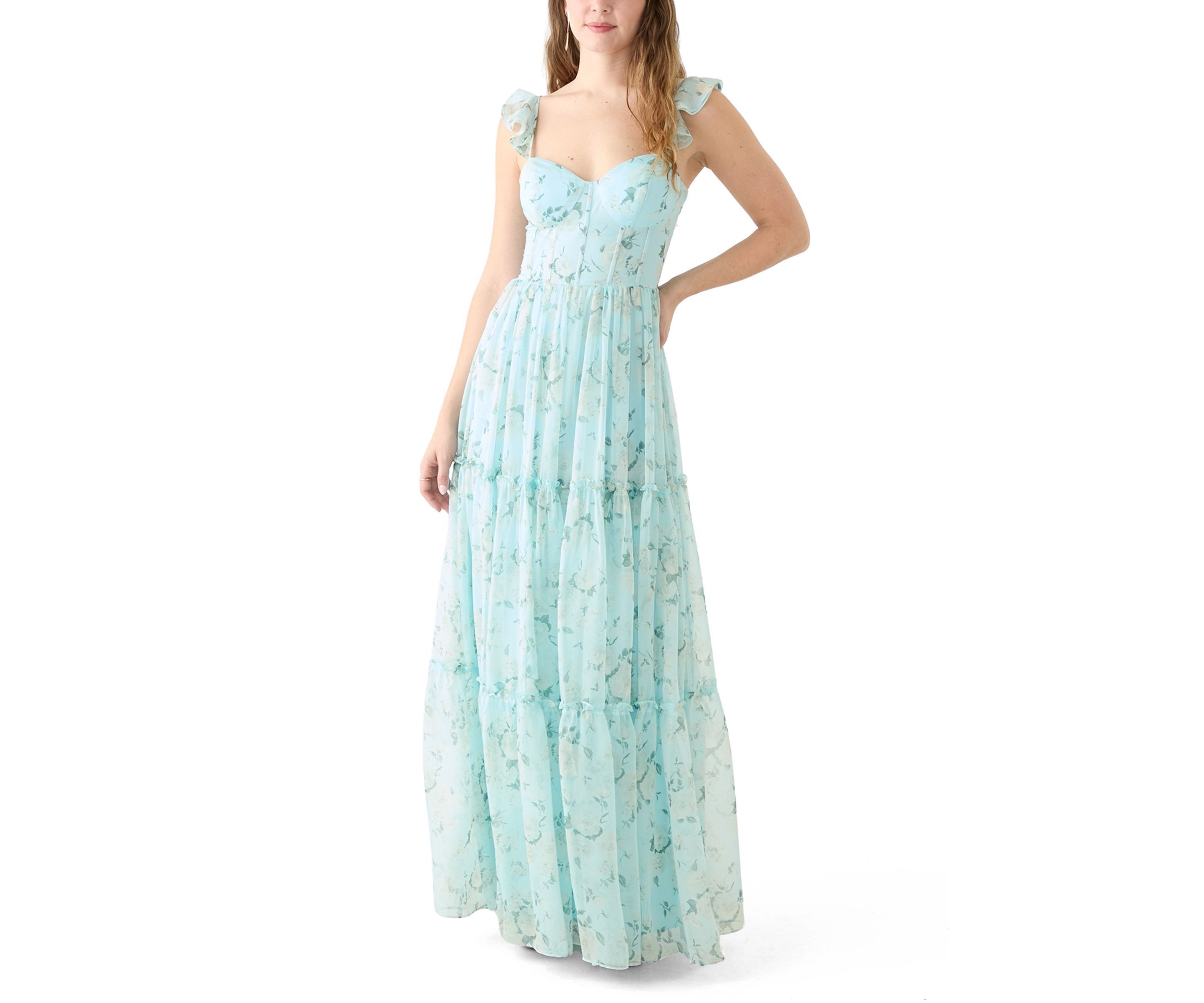 Womens Sleeveless Ruffle Shoulder Chiffon Printed Gown 