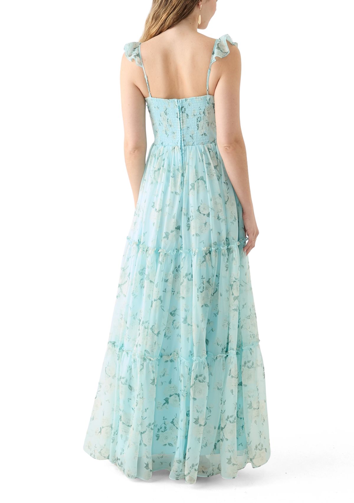 Womens Sleeveless Ruffle Shoulder Chiffon Printed Gown 