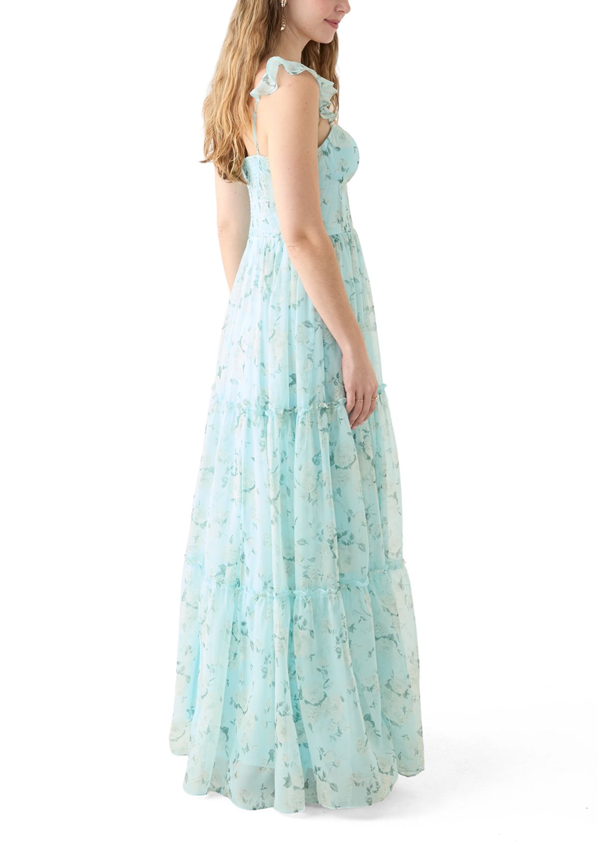 Womens Sleeveless Ruffle Shoulder Chiffon Printed Gown 