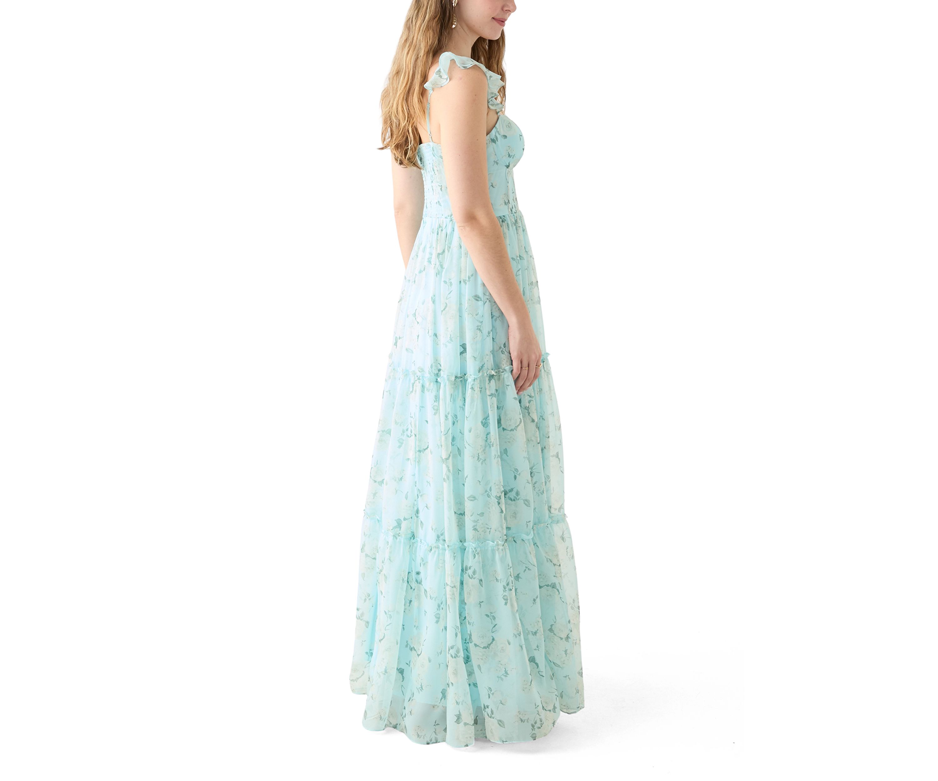 Womens Sleeveless Ruffle Shoulder Chiffon Printed Gown 