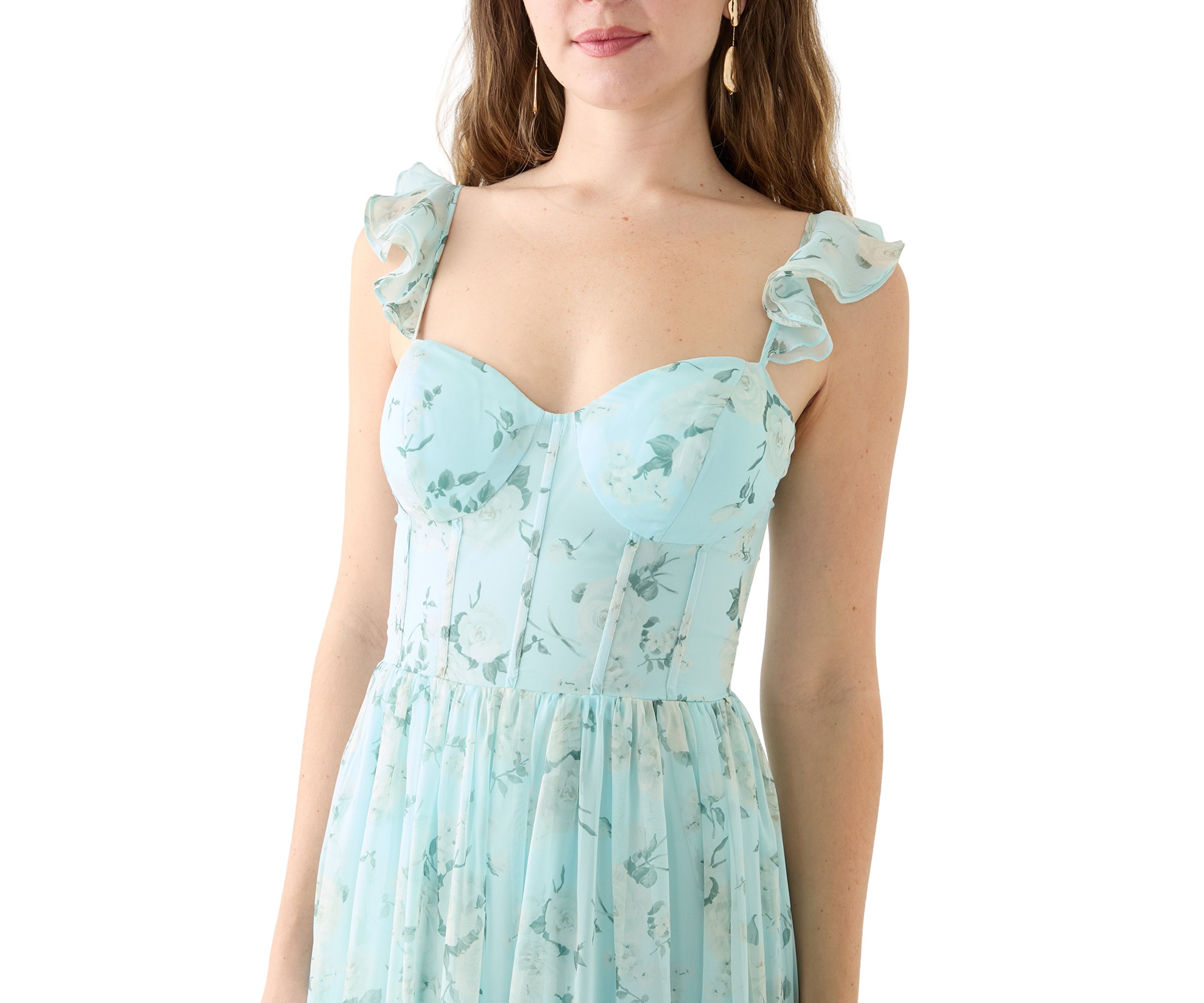 Womens Sleeveless Ruffle Shoulder Chiffon Printed Gown 