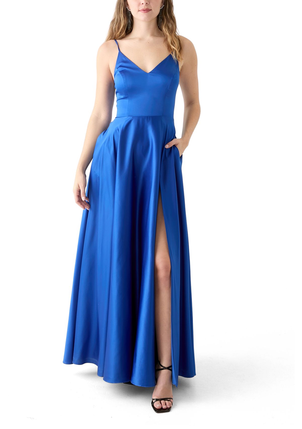 Womens Sleeveless Solid Satin Ballgown