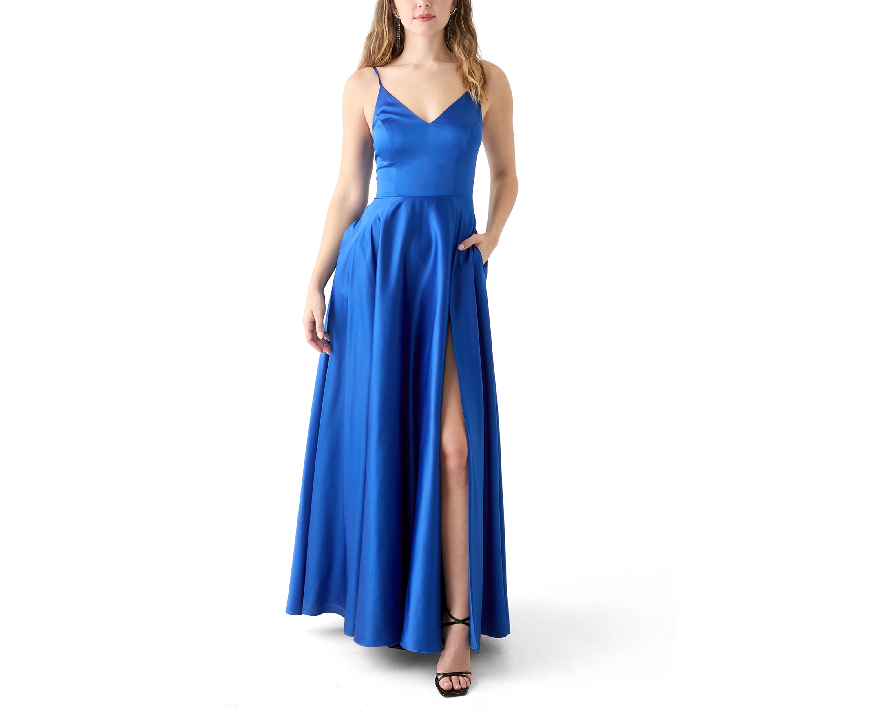 Womens Sleeveless Solid Satin Ballgown
