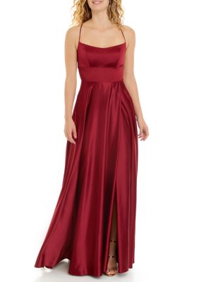 B. Darlin Women's Spaghetti Strap Scoop Neck Strappy Back Fit And Flare Gown