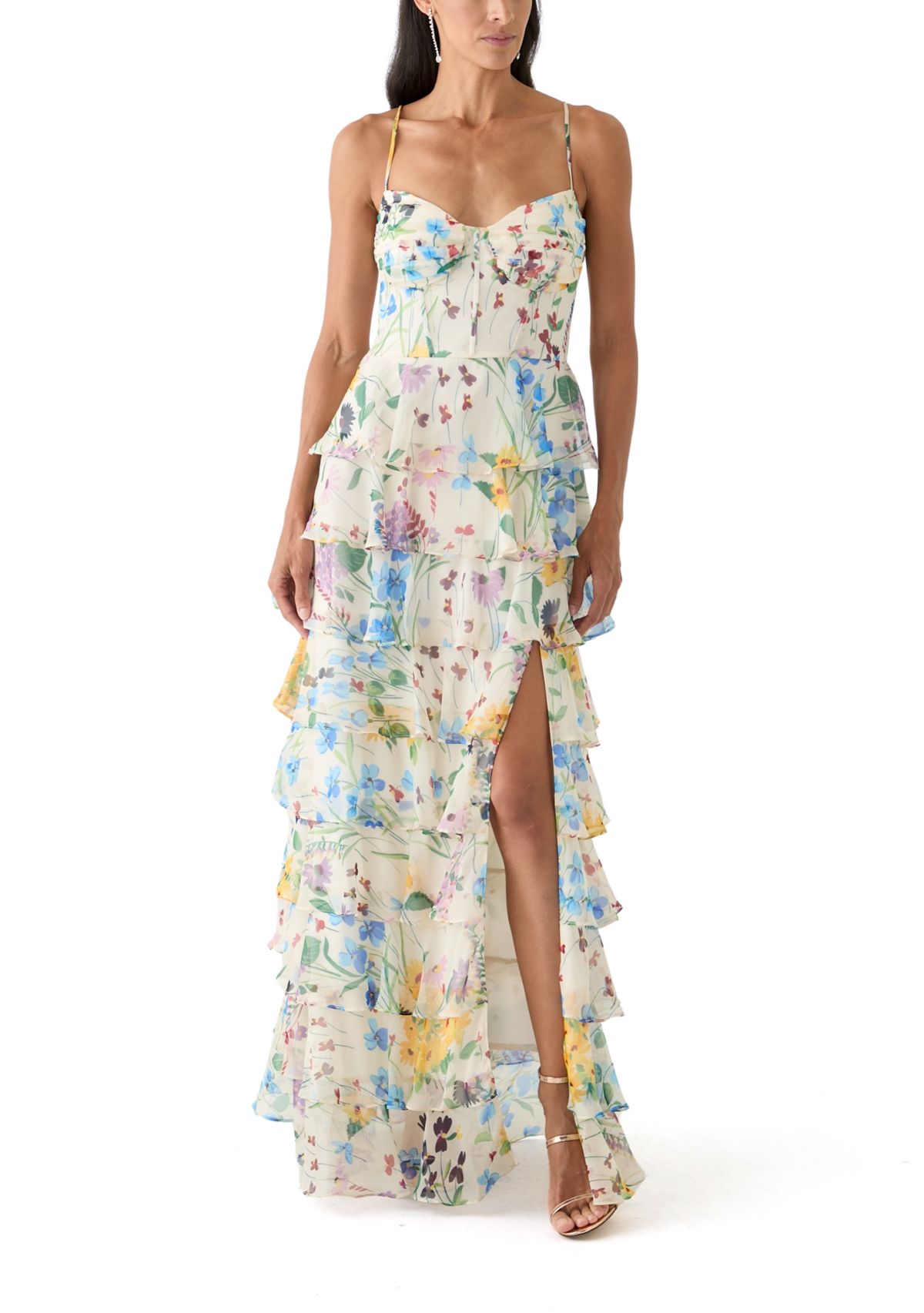 Womens Floral Printed Tiered Ruffle Maxi Dress
