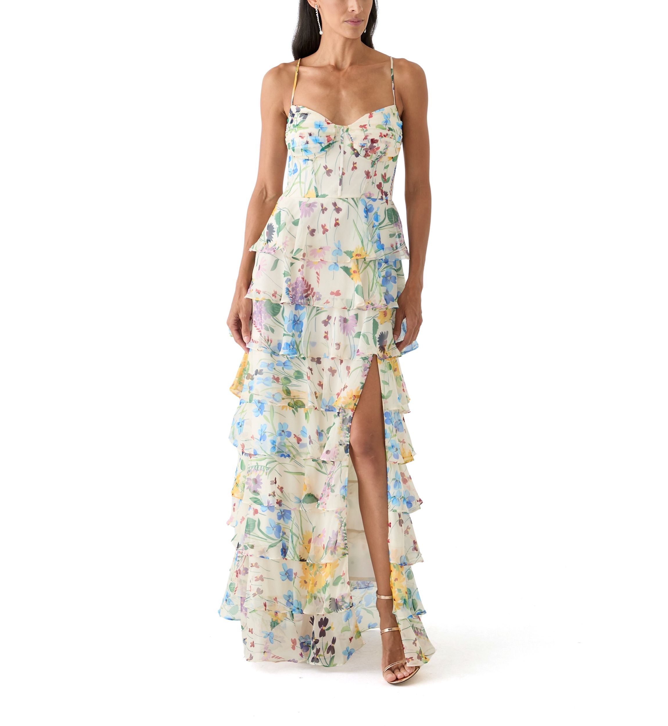 Womens Floral Printed Tiered Ruffle Maxi Dress
