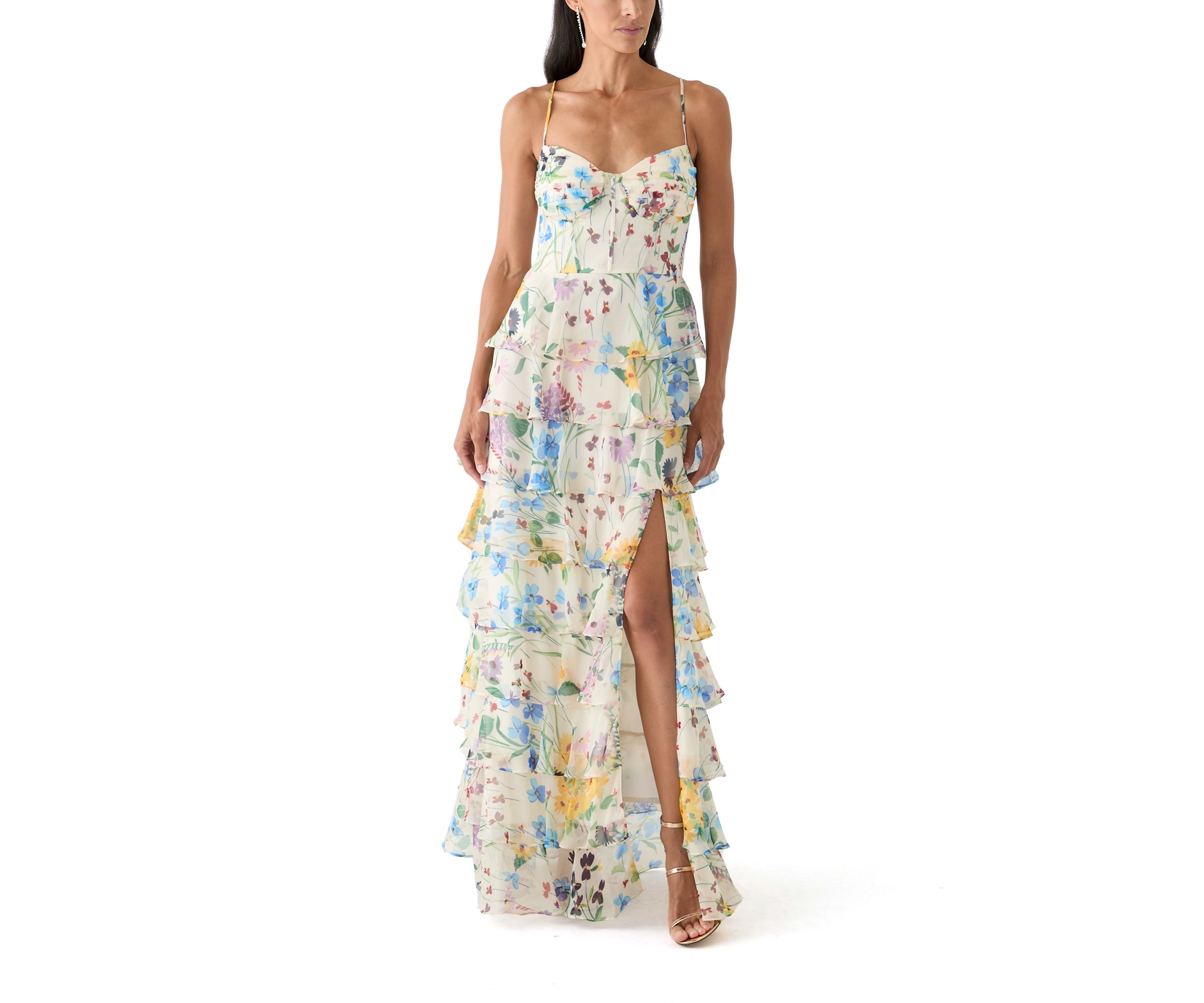 Womens Floral Printed Tiered Ruffle Maxi Dress