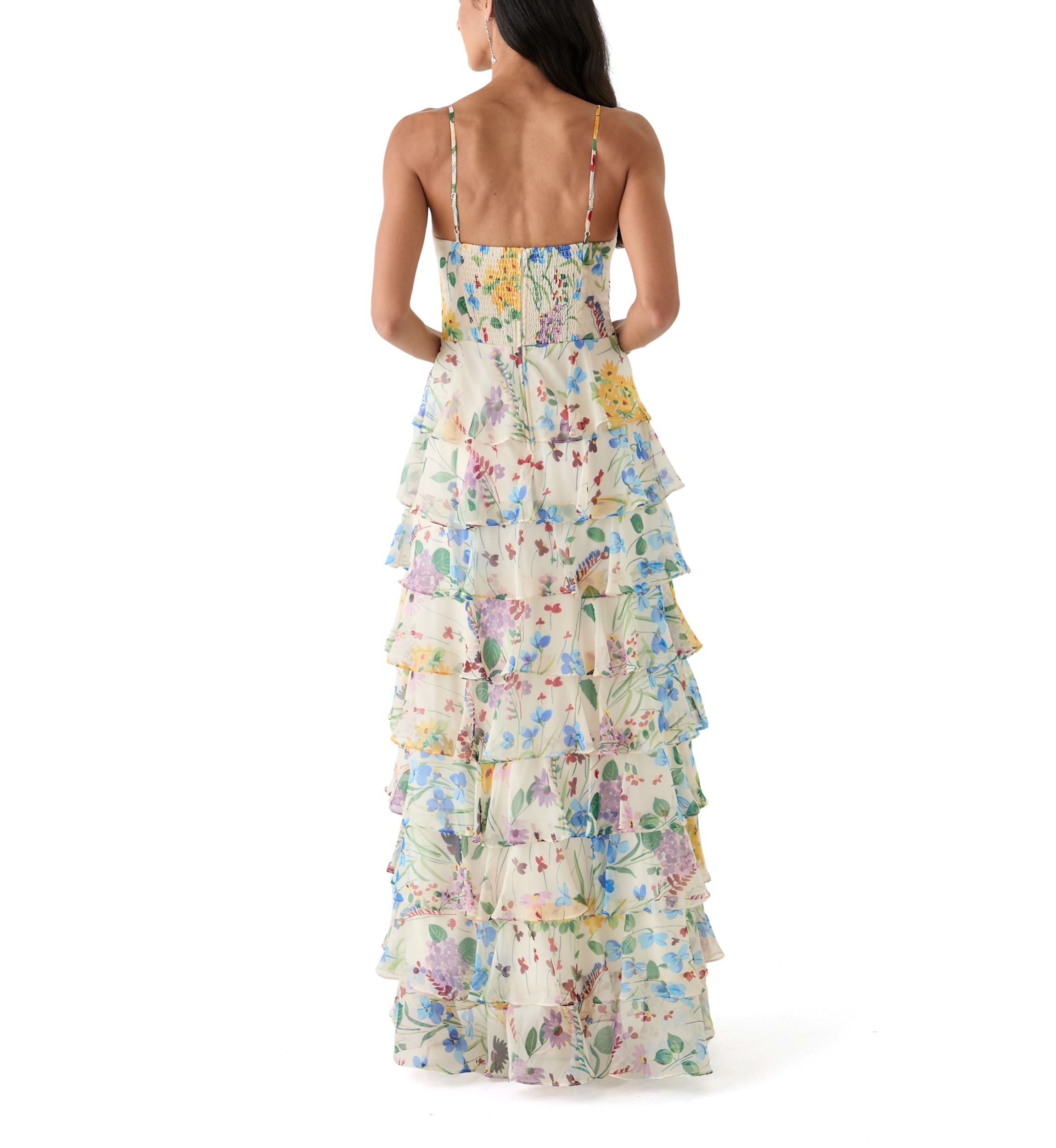 Womens Floral Printed Tiered Ruffle Maxi Dress