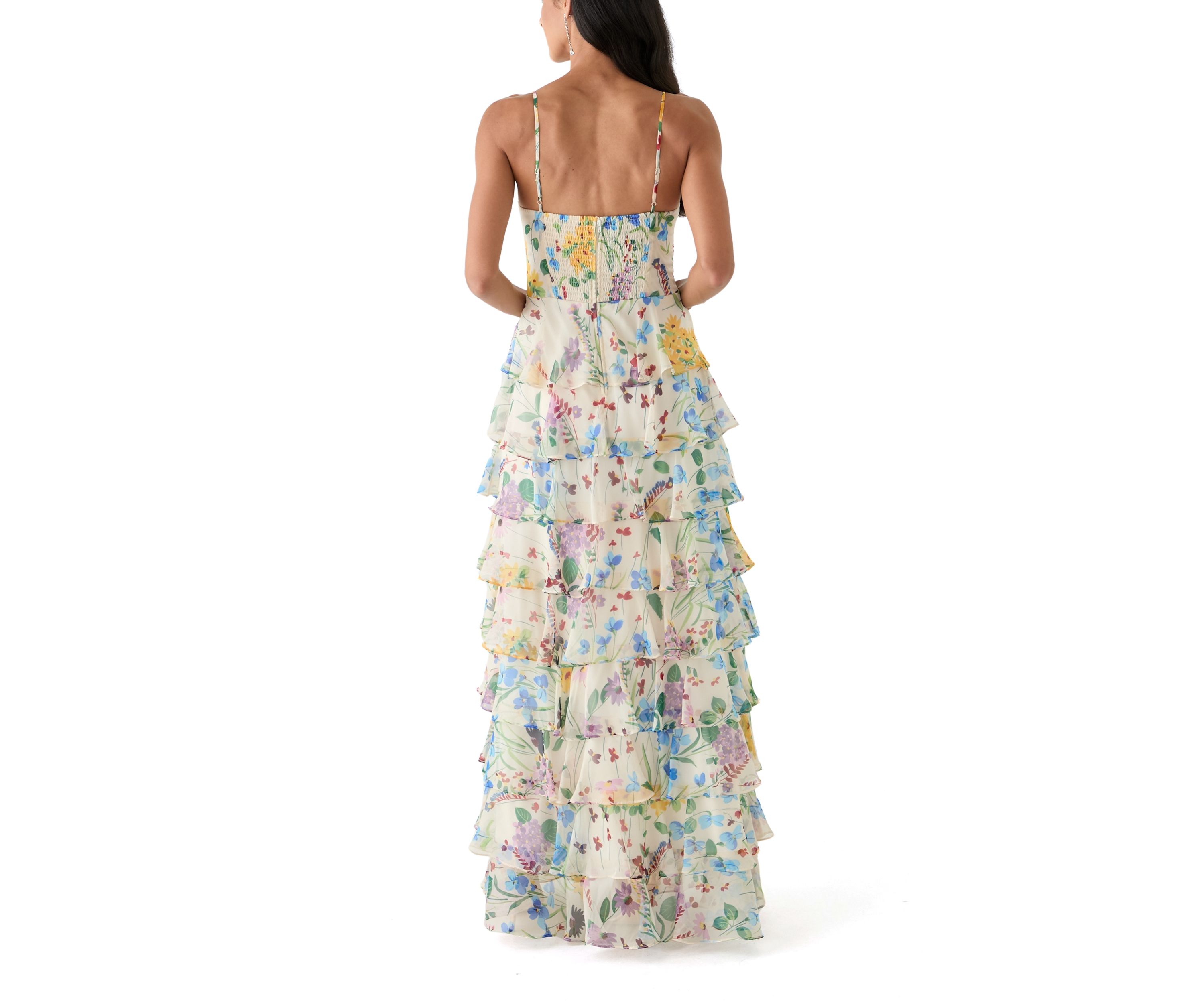 Womens Floral Printed Tiered Ruffle Maxi Dress