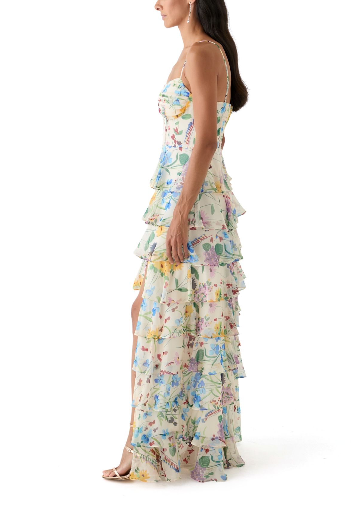 Womens Floral Printed Tiered Ruffle Maxi Dress