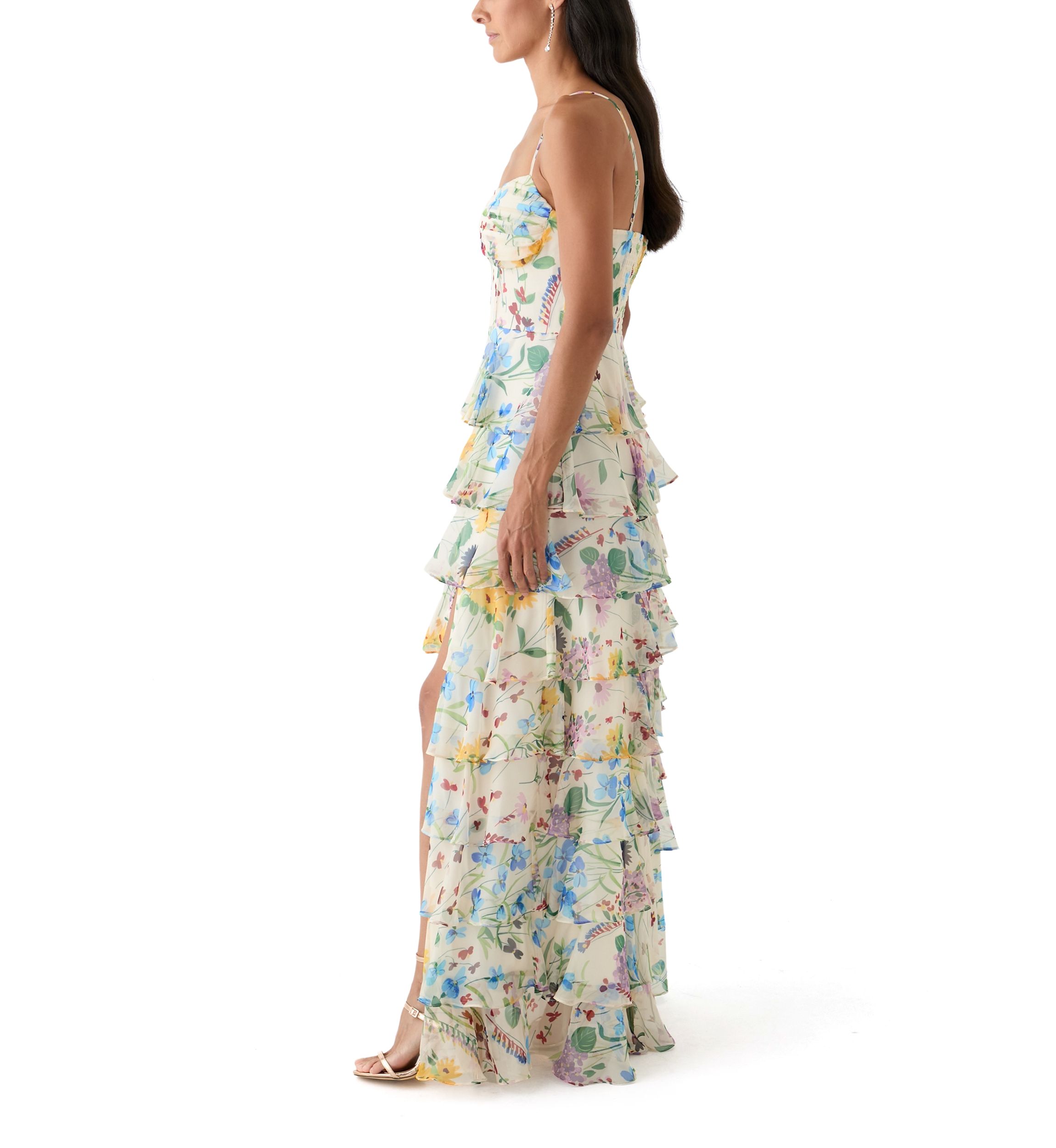 Womens Floral Printed Tiered Ruffle Maxi Dress