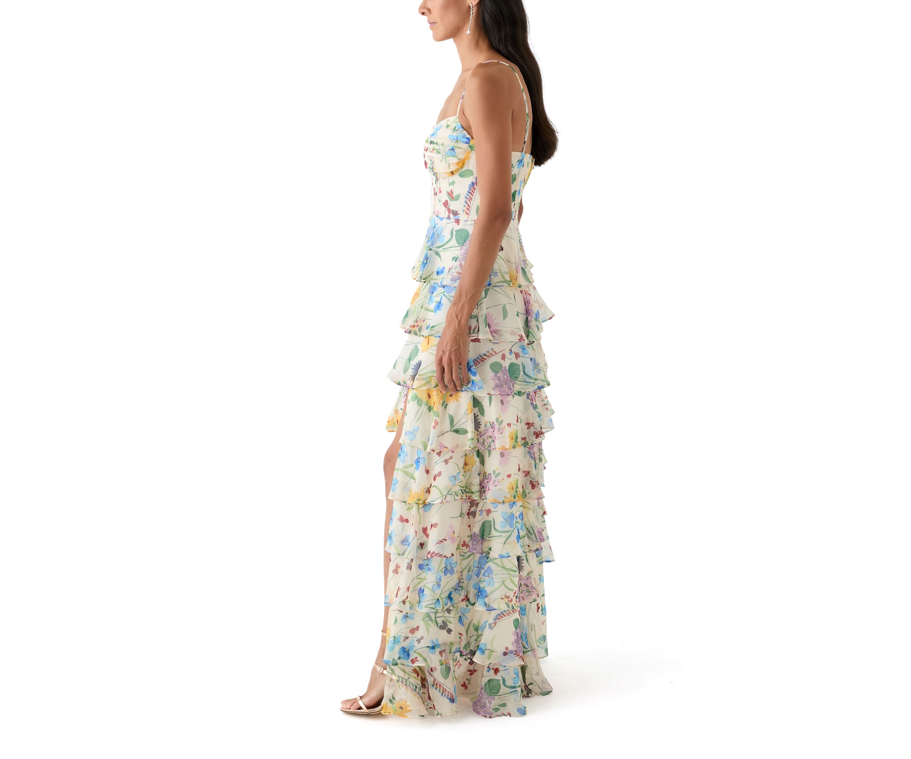 Womens Floral Printed Tiered Ruffle Maxi Dress