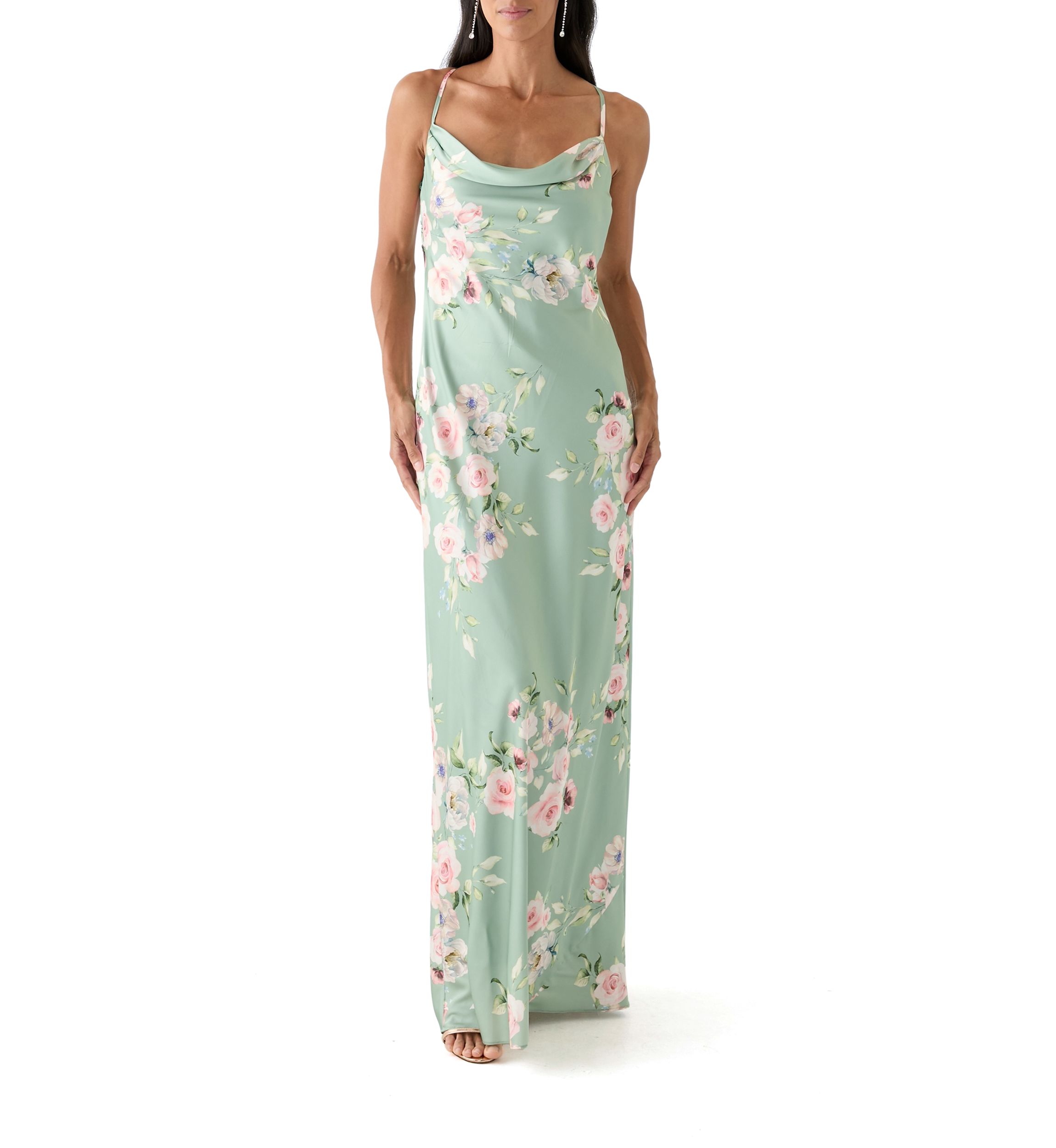 Womens Floral Printed Satin Maxi Dress