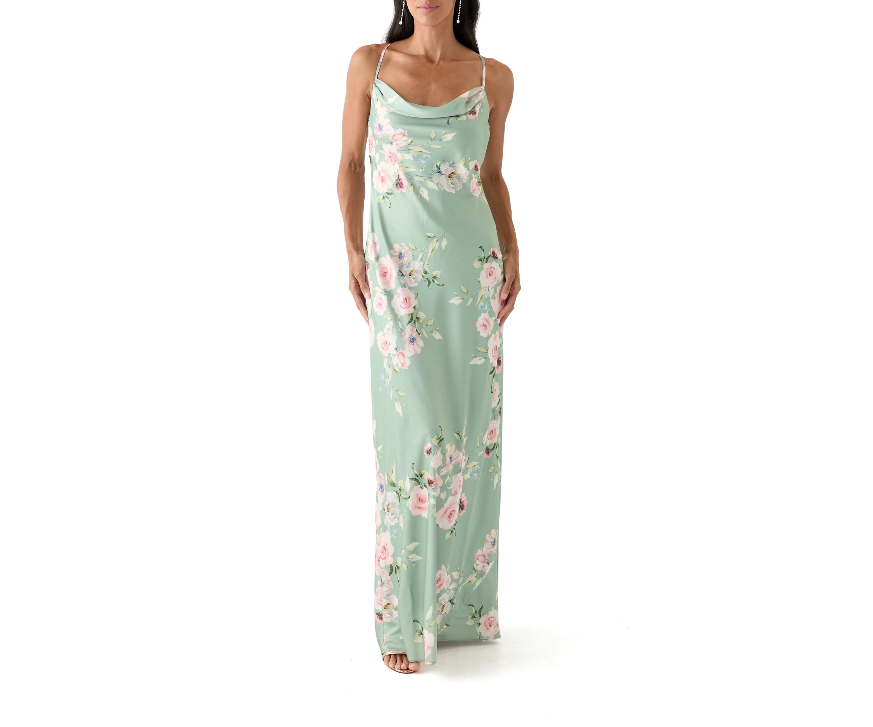 Womens Floral Printed Satin Maxi Dress