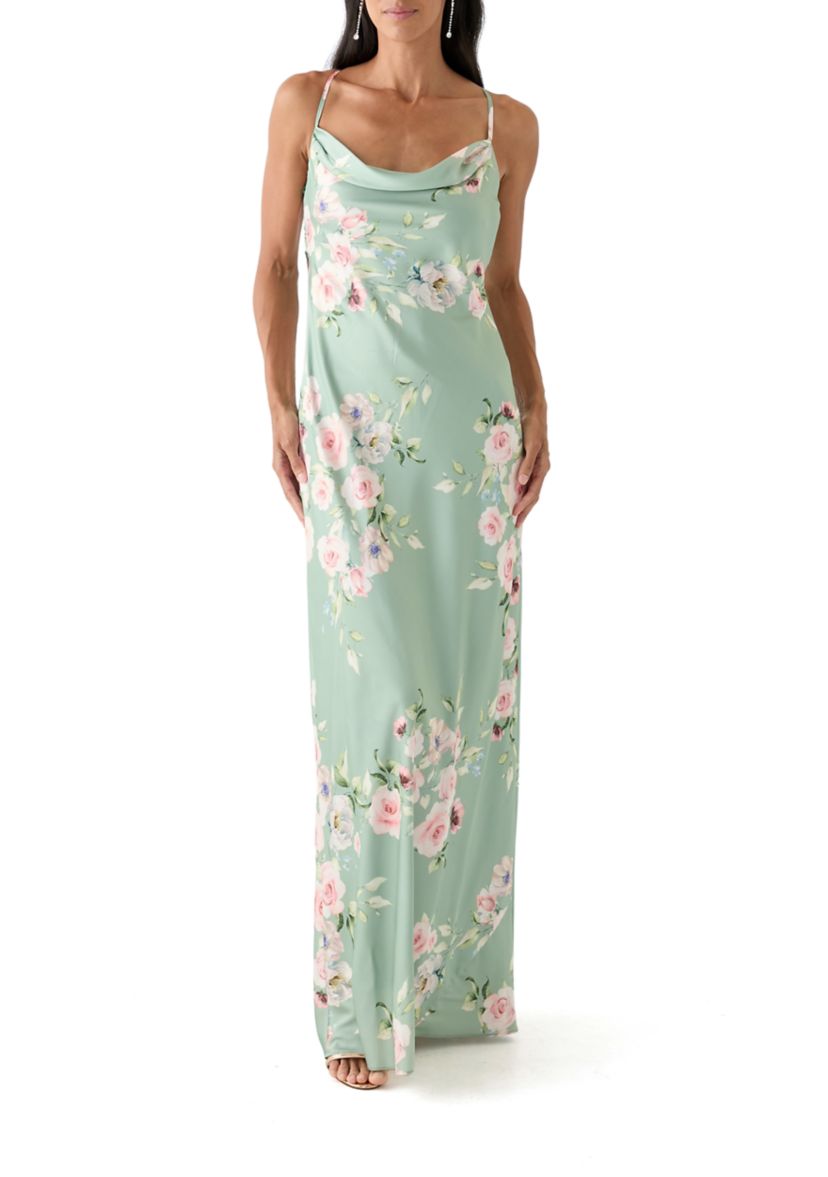 Womens Floral Printed Satin Maxi Dress