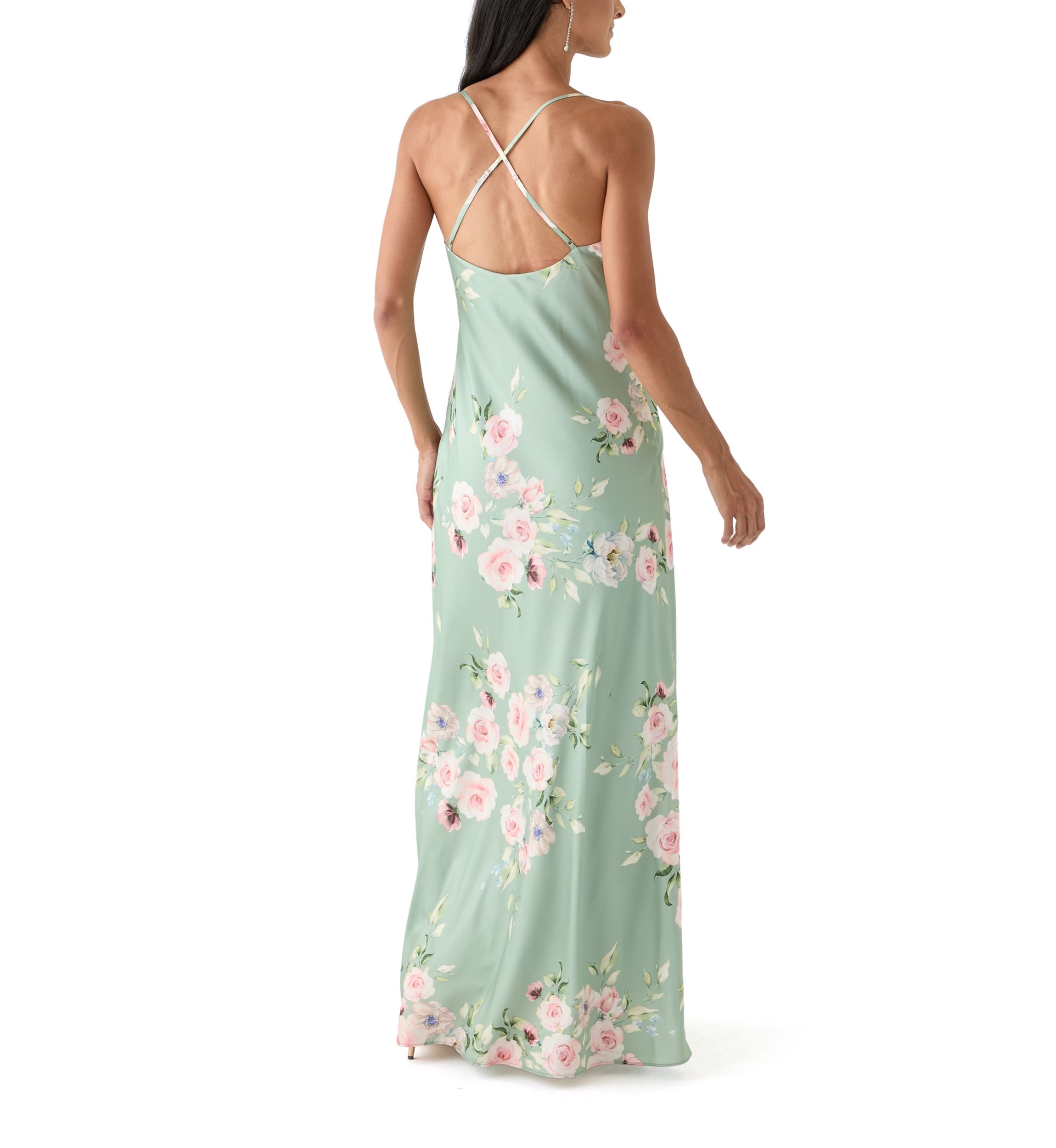 Womens Floral Printed Satin Maxi Dress