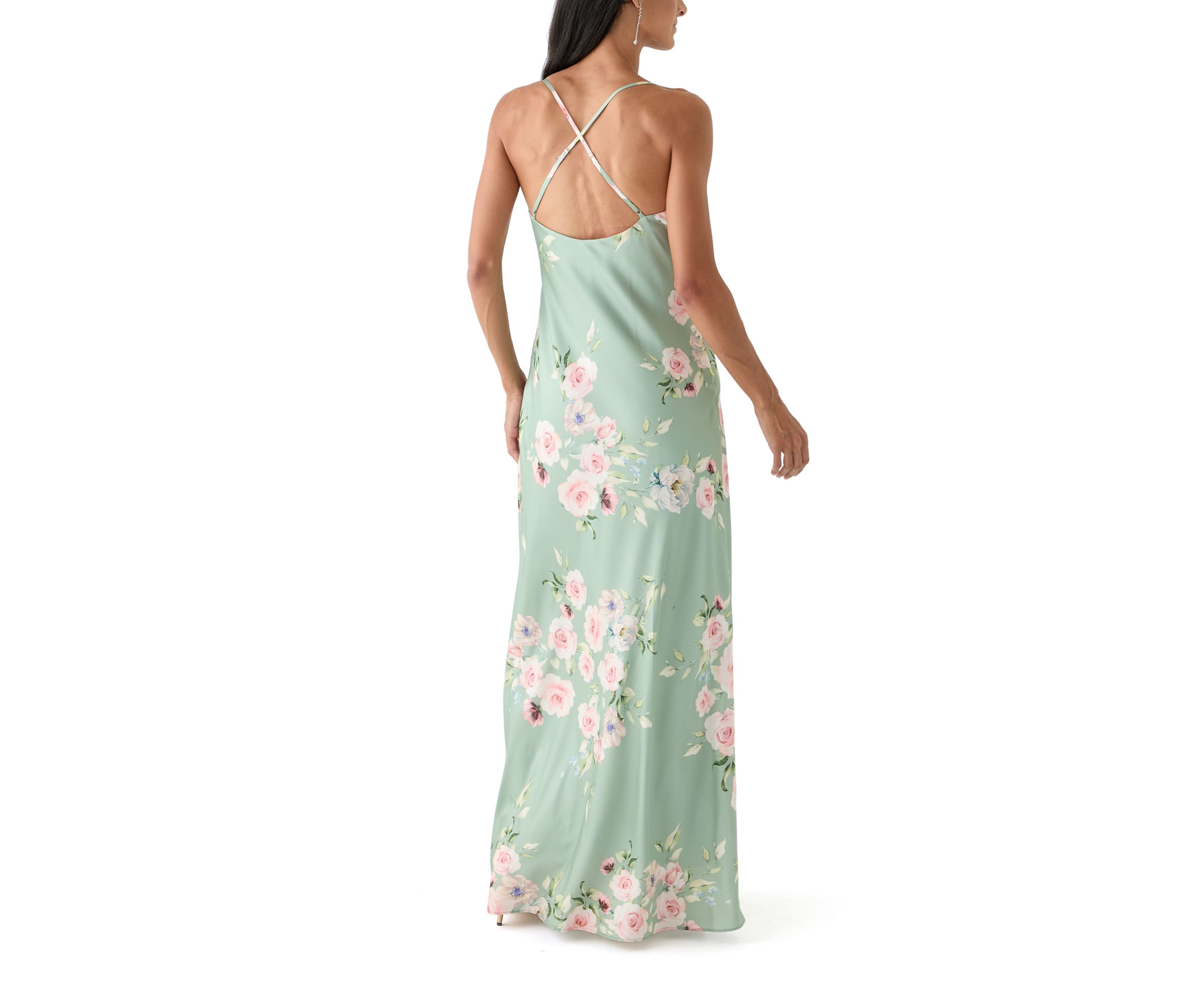 Womens Floral Printed Satin Maxi Dress