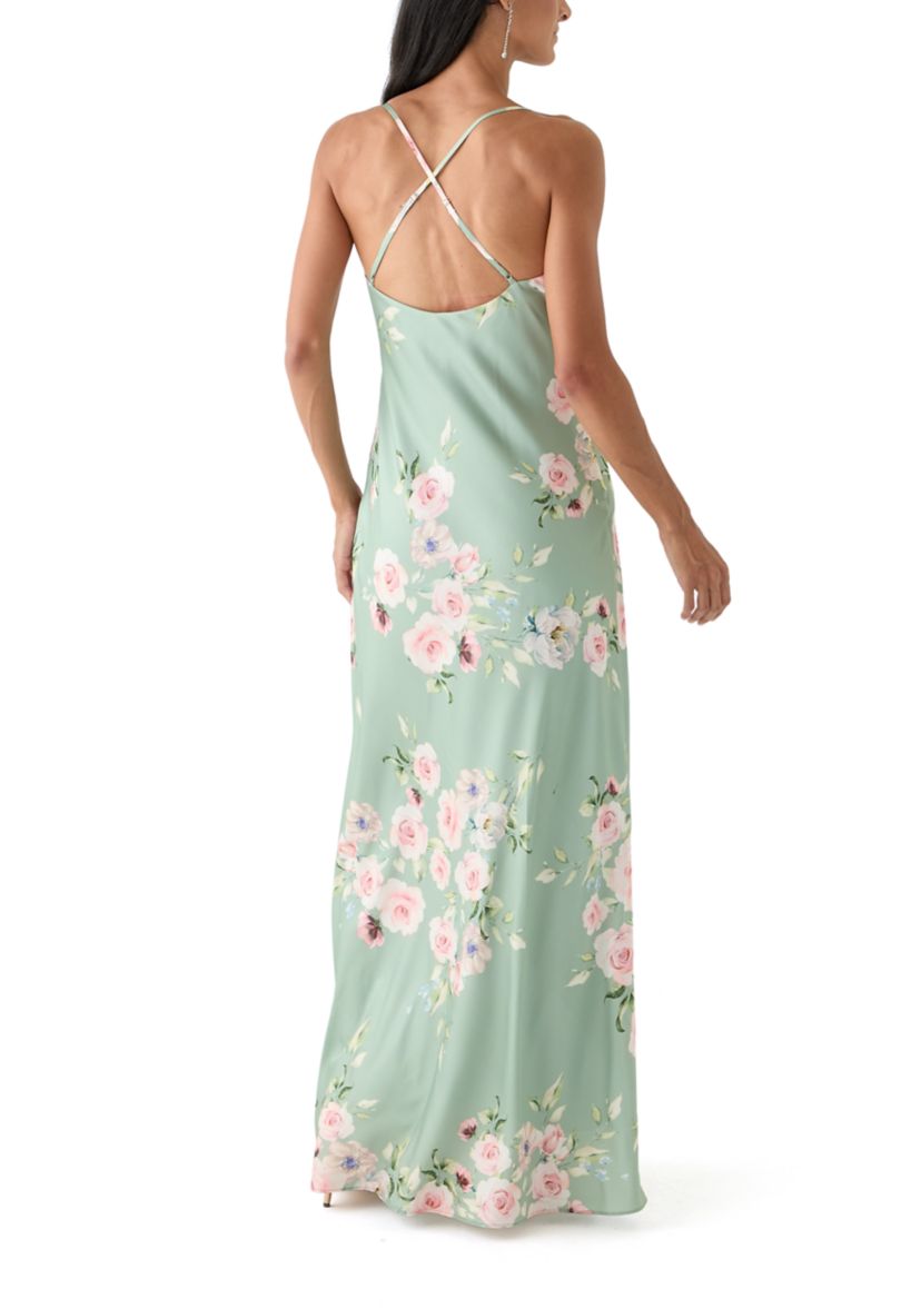 Womens Floral Printed Satin Maxi Dress
