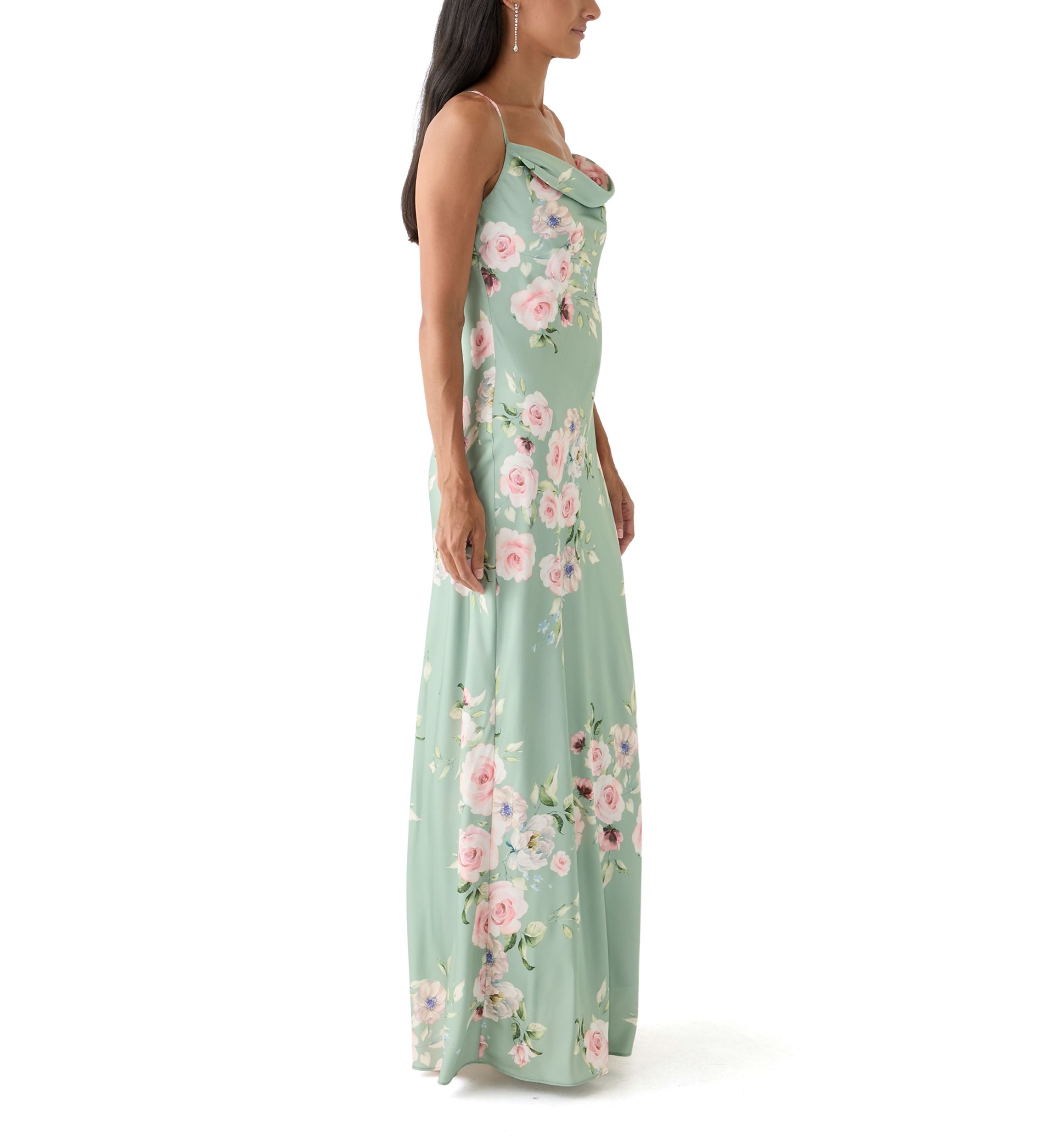 Womens Floral Printed Satin Maxi Dress