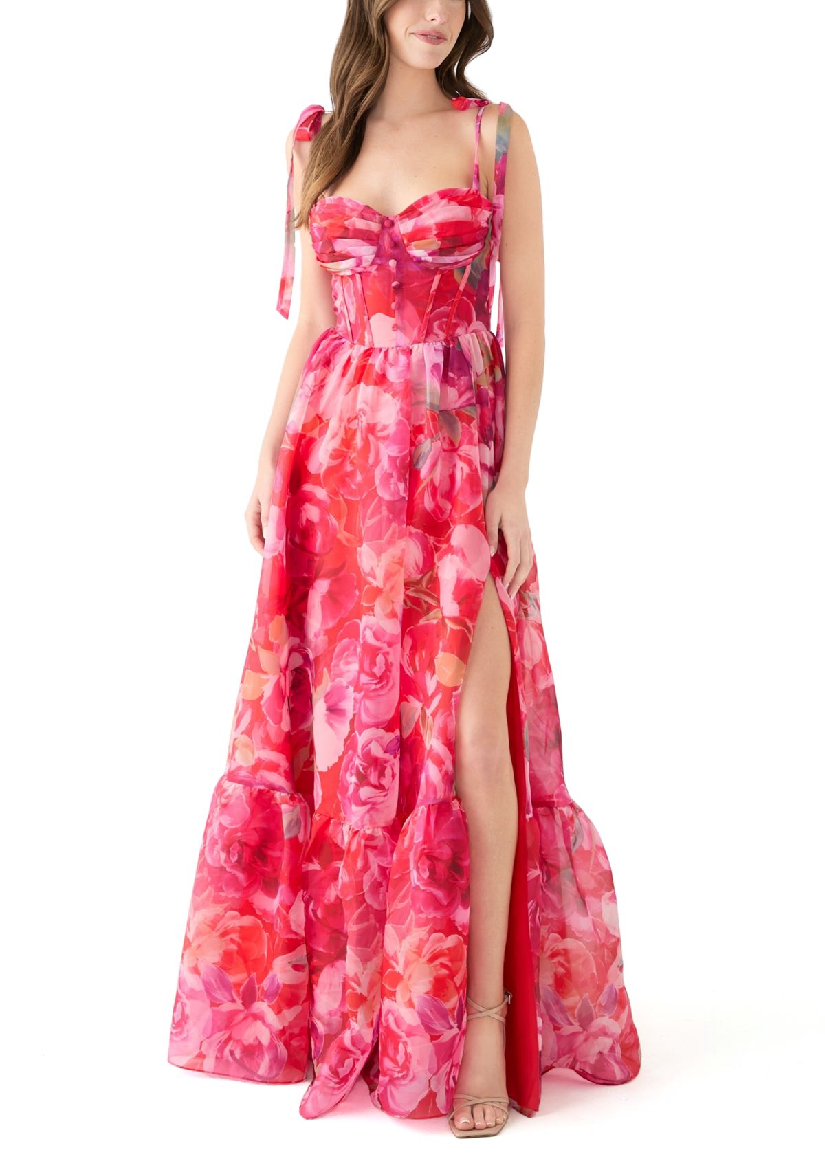 Womens Sleeveless Tie Watercolor Print Organza Gown 