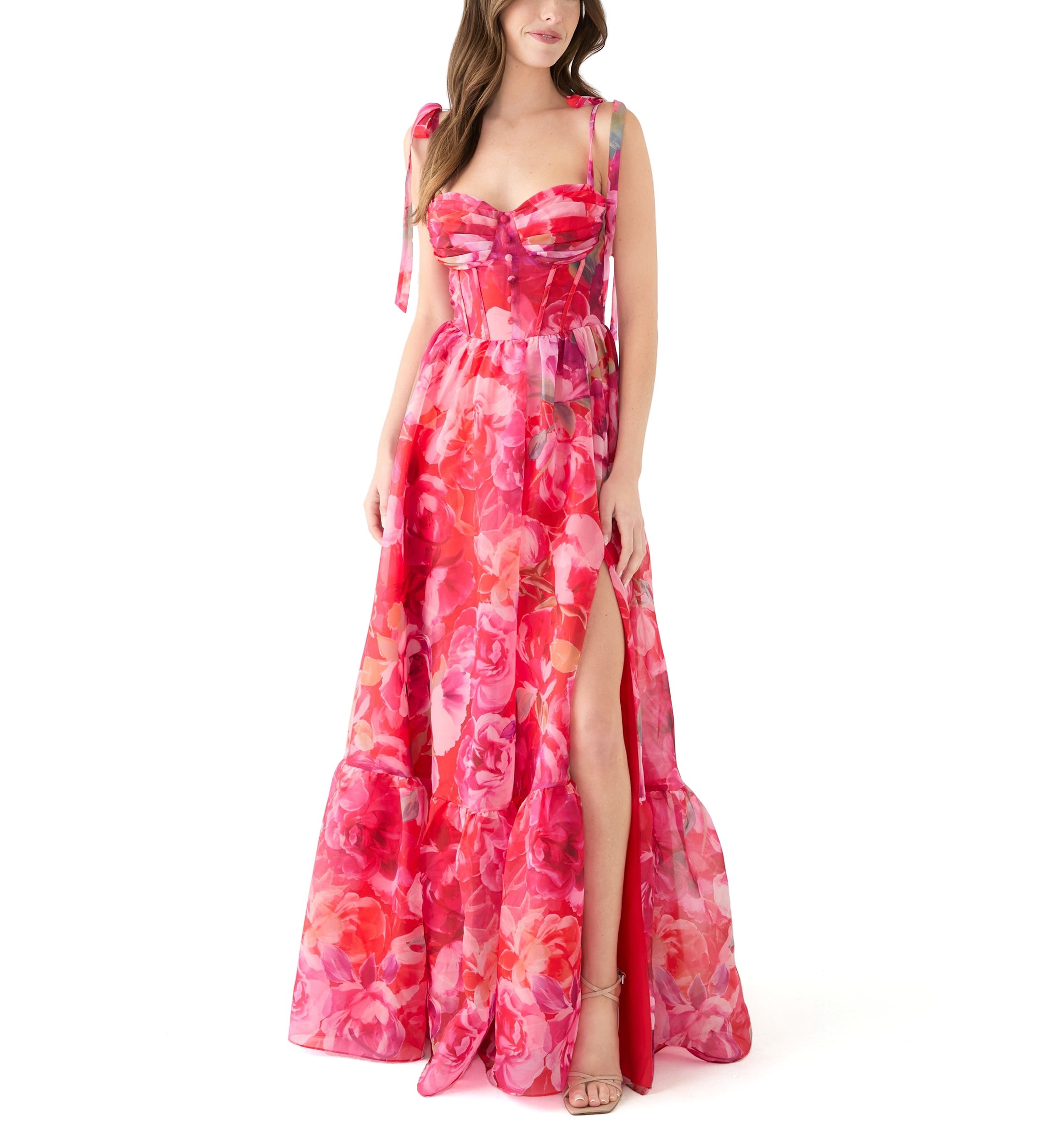 Womens Sleeveless Tie Watercolor Print Organza Gown 