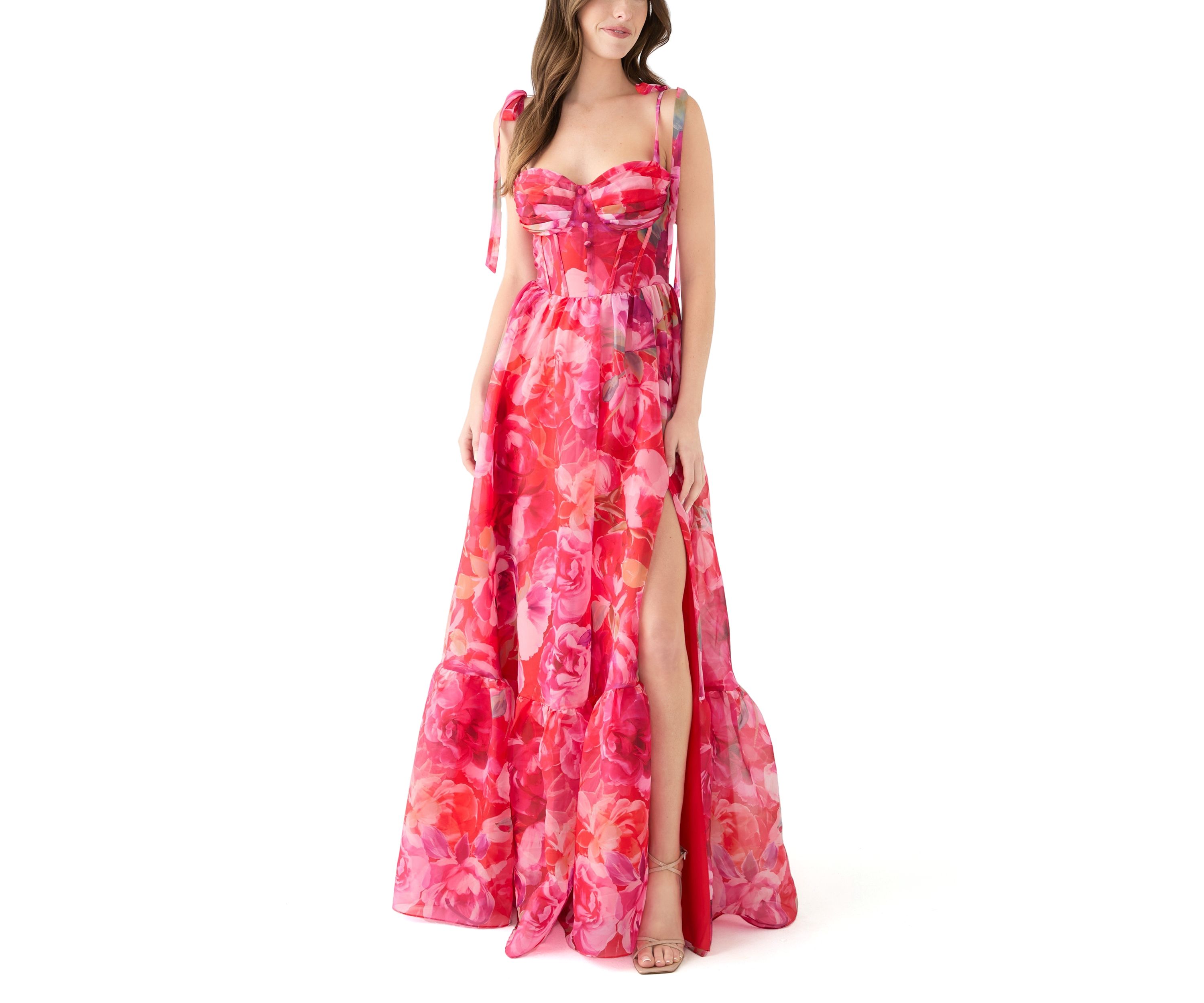 Womens Sleeveless Tie Watercolor Print Organza Gown 