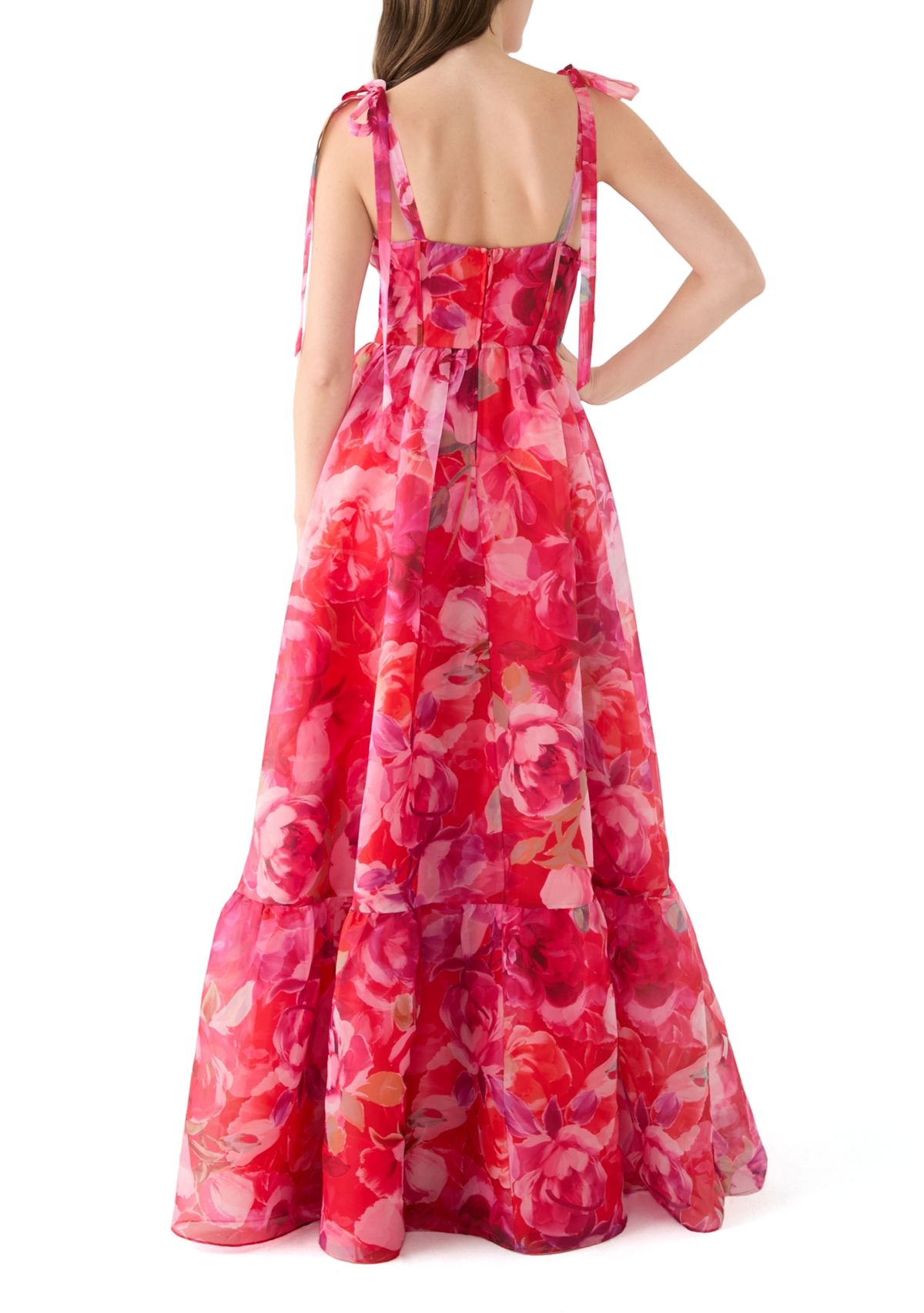 Womens Sleeveless Tie Watercolor Print Organza Gown 