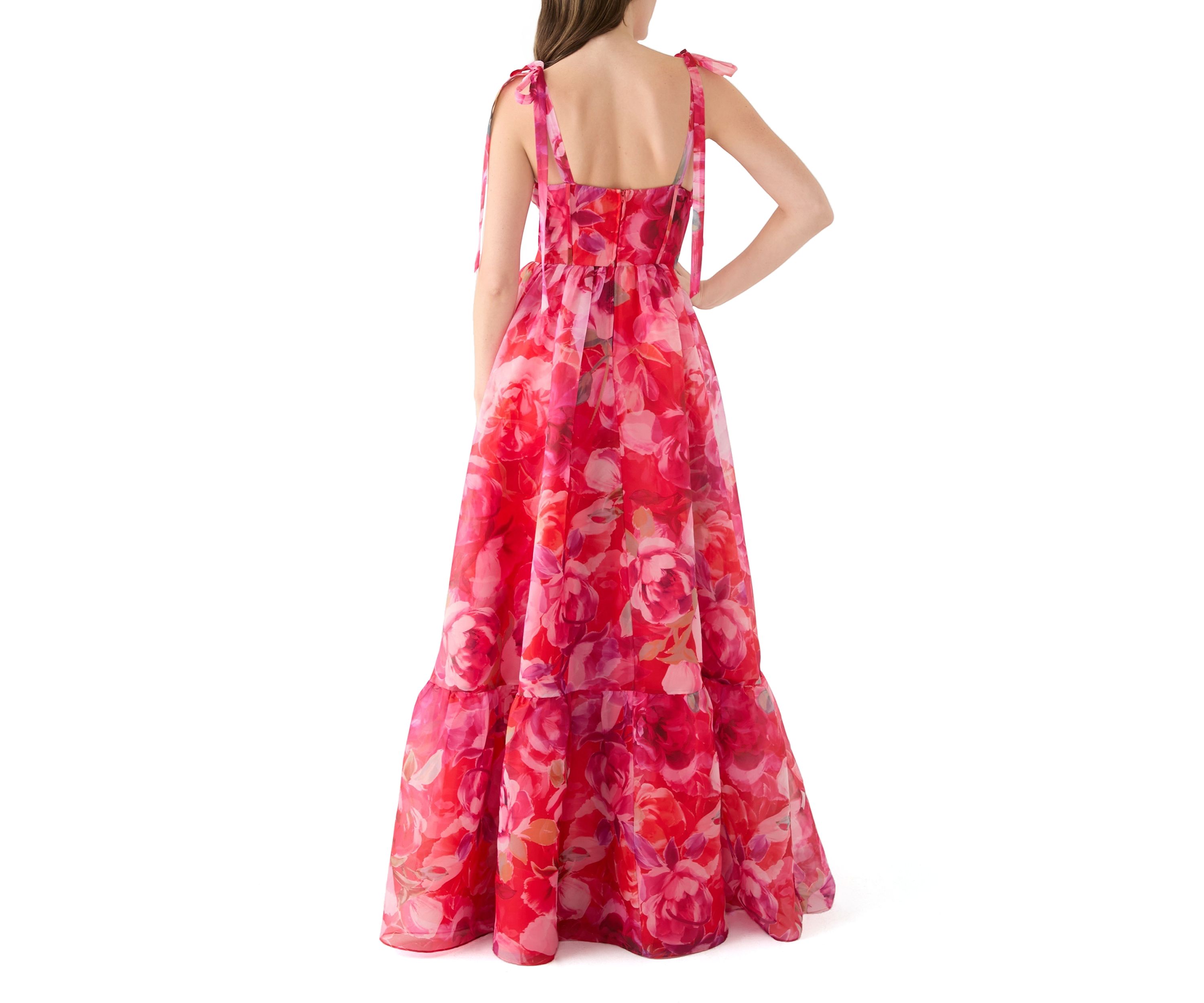 Womens Sleeveless Tie Watercolor Print Organza Gown 