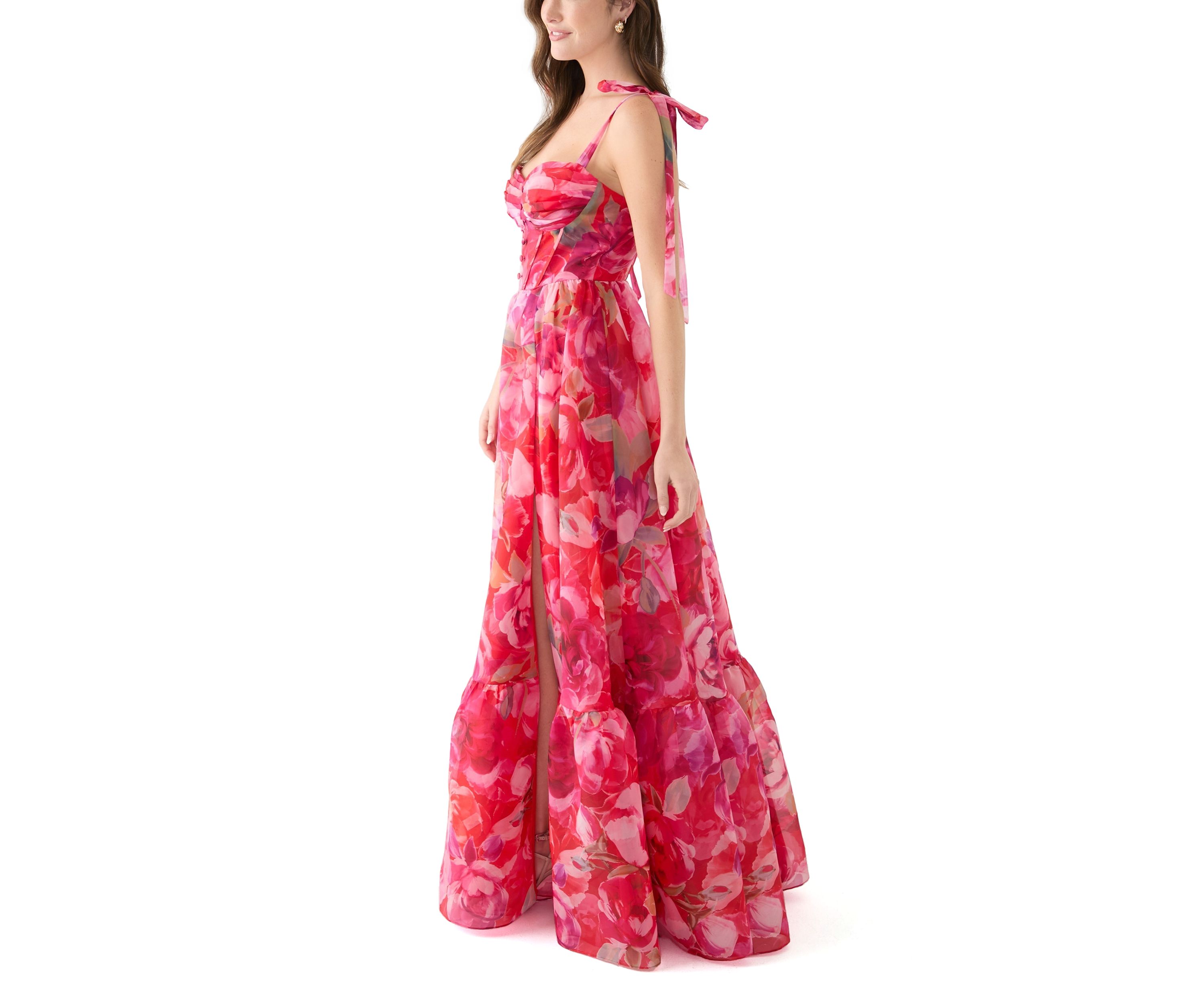 Womens Sleeveless Tie Watercolor Print Organza Gown 