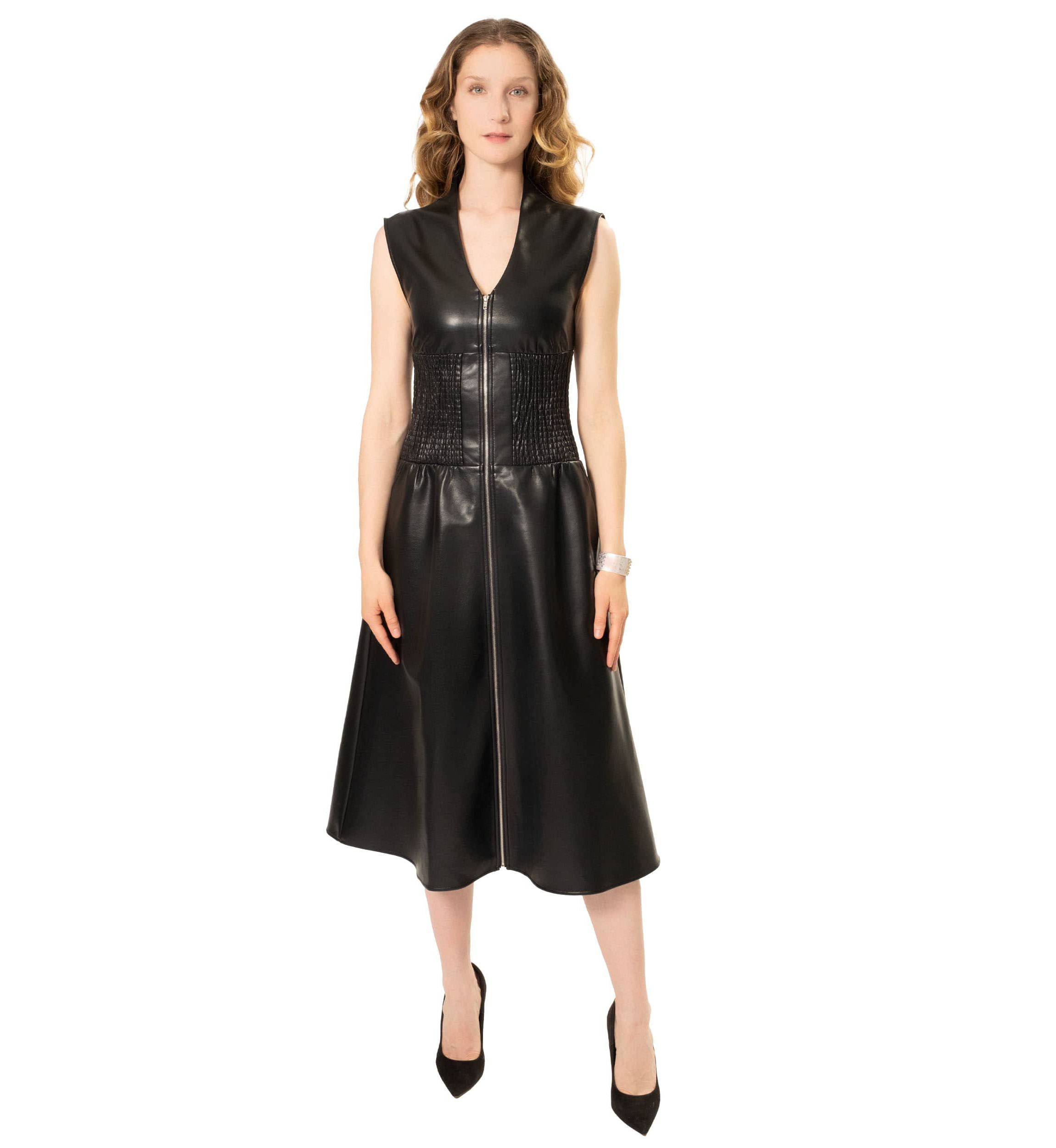 faux leather zip dress Faux Leather Belted Zip Dress Red / L